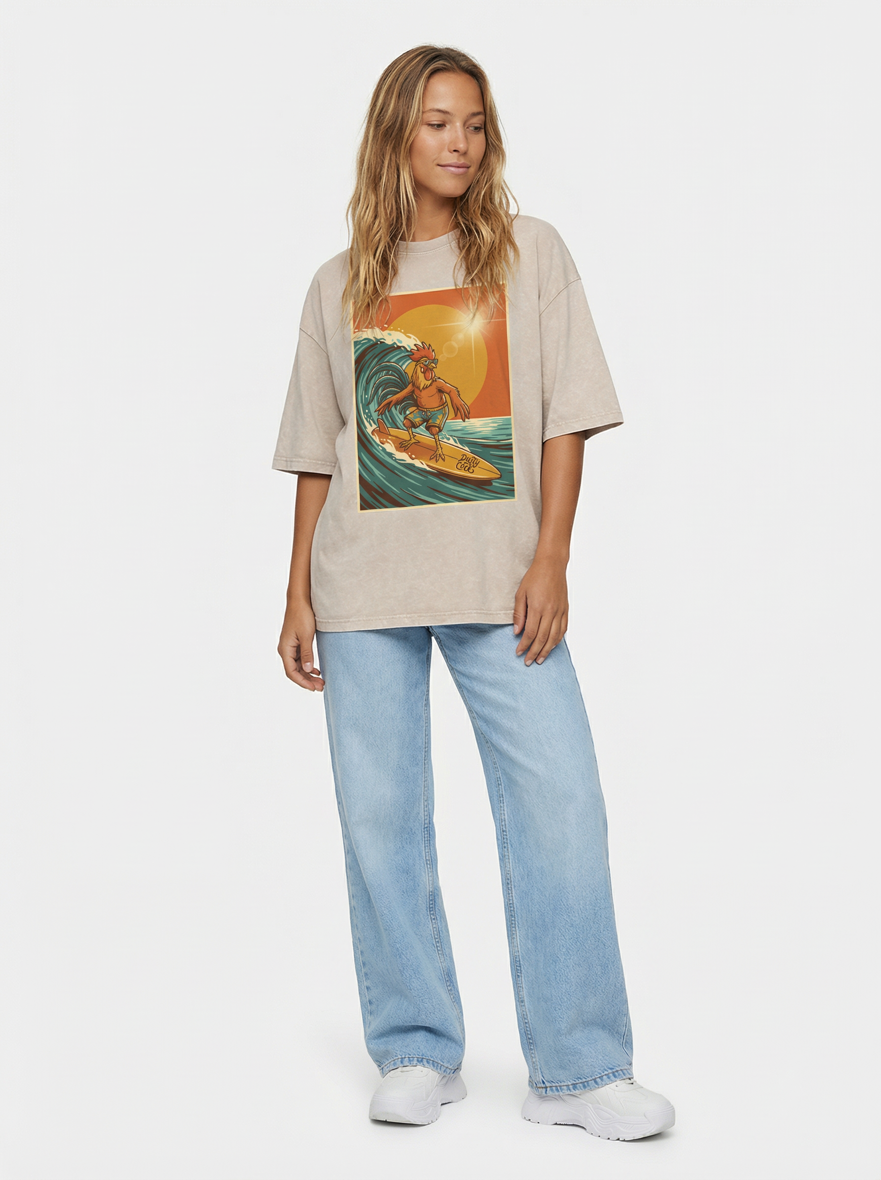 Dusty Cock, Rooster Surfer Graphic Tee – Heavyweight 100% Cotton, Vintage Wash