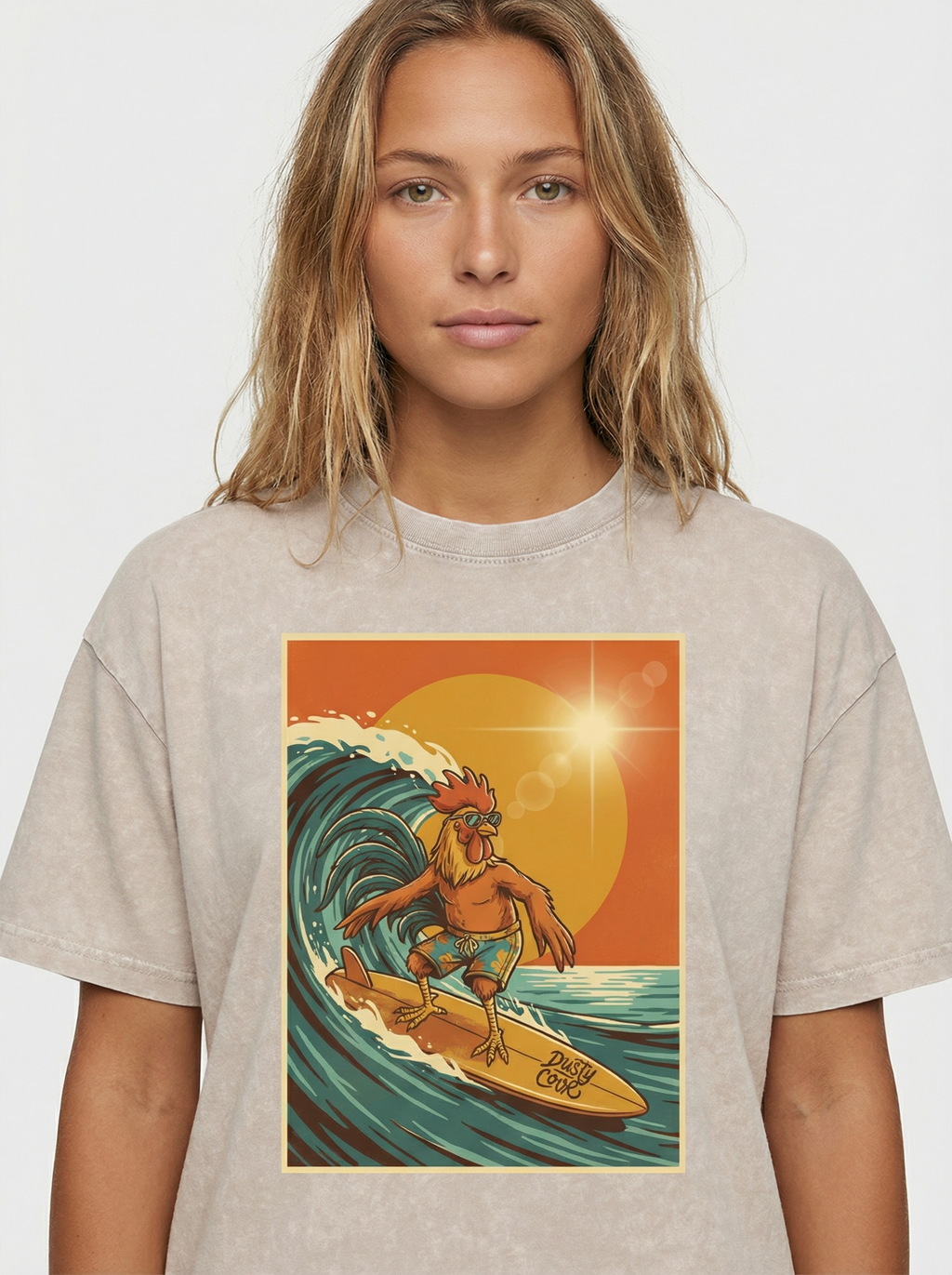 Dusty Cock, Rooster Surfer Graphic Tee – Heavyweight 100% Cotton, Vintage Wash
