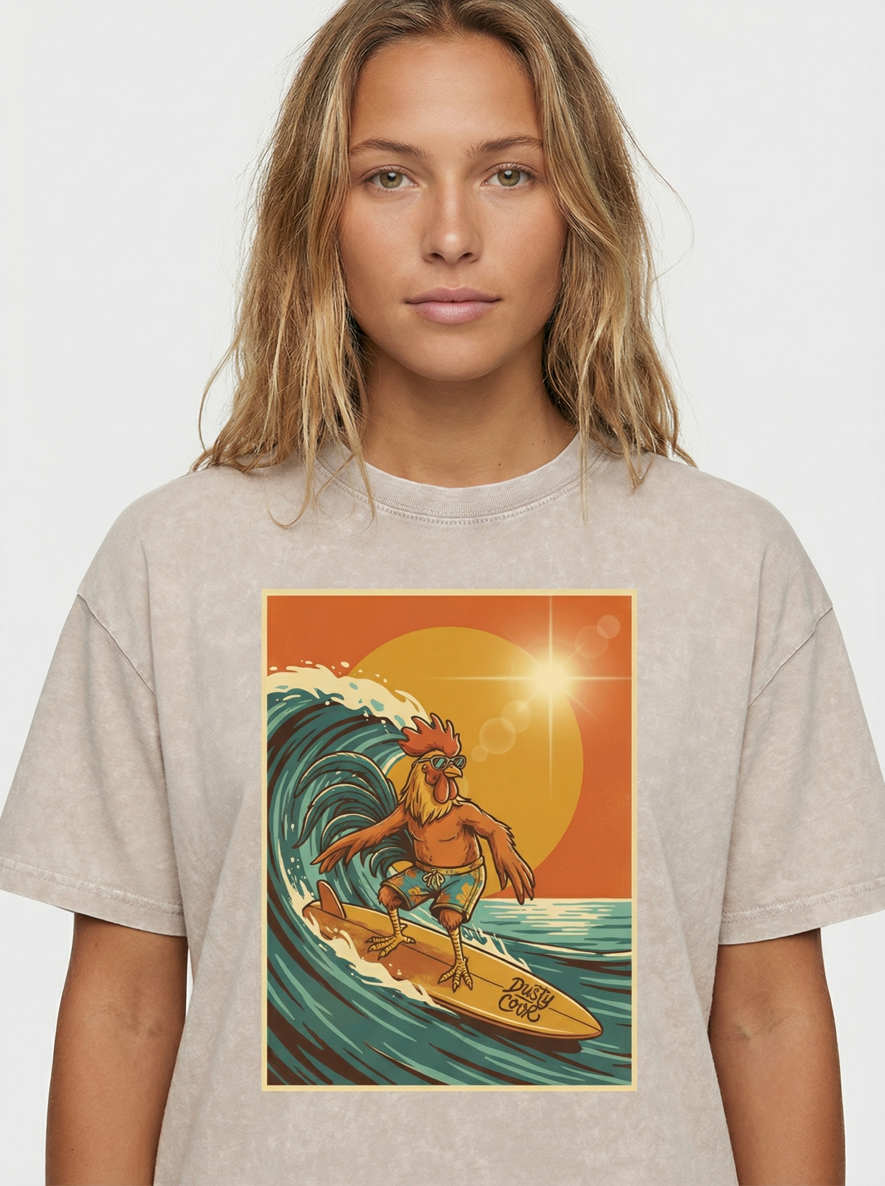Dusty Cock, Rooster Surfer Graphic Tee – Heavyweight 100% Cotton, Vintage Wash