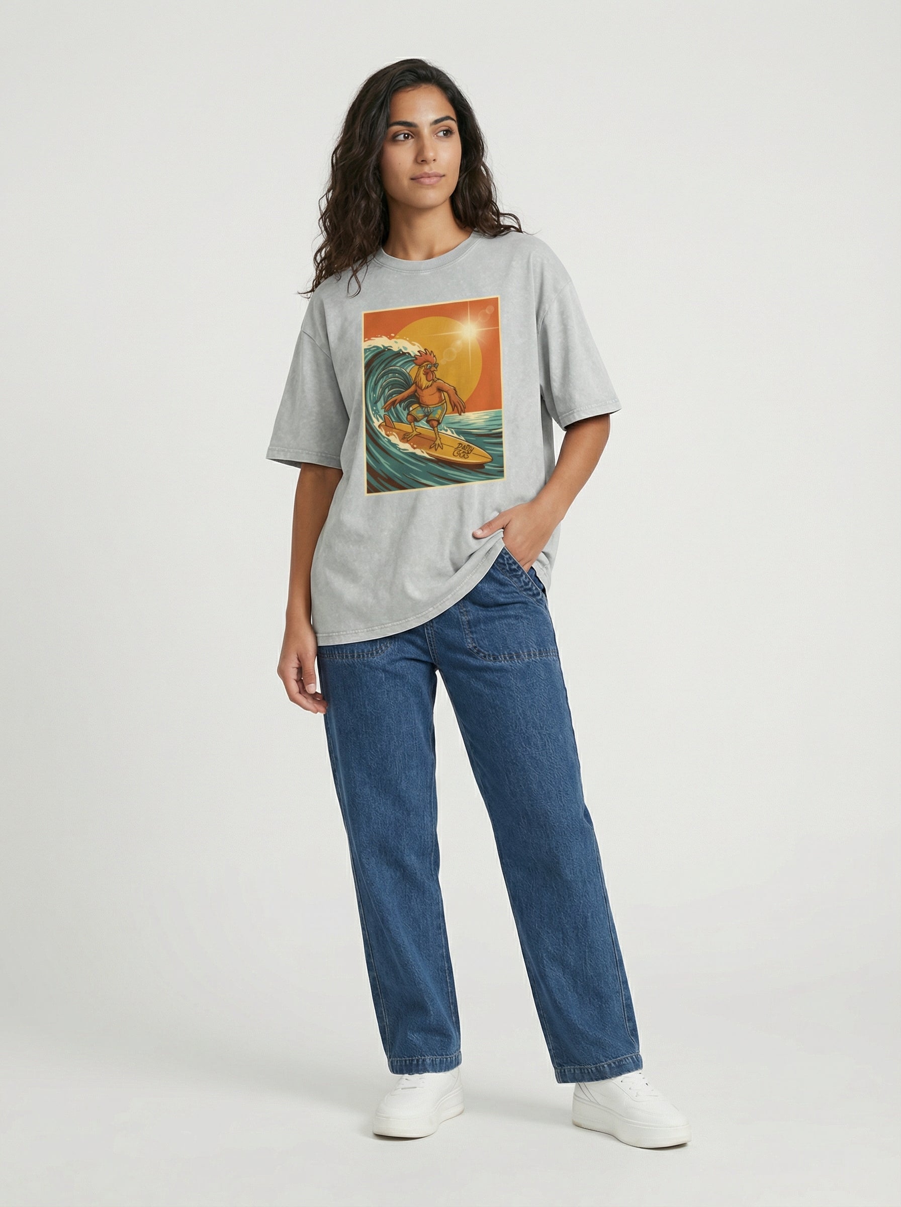 Dusty Cock, Rooster Surfer Graphic Tee – Heavyweight 100% Cotton, Vintage Wash