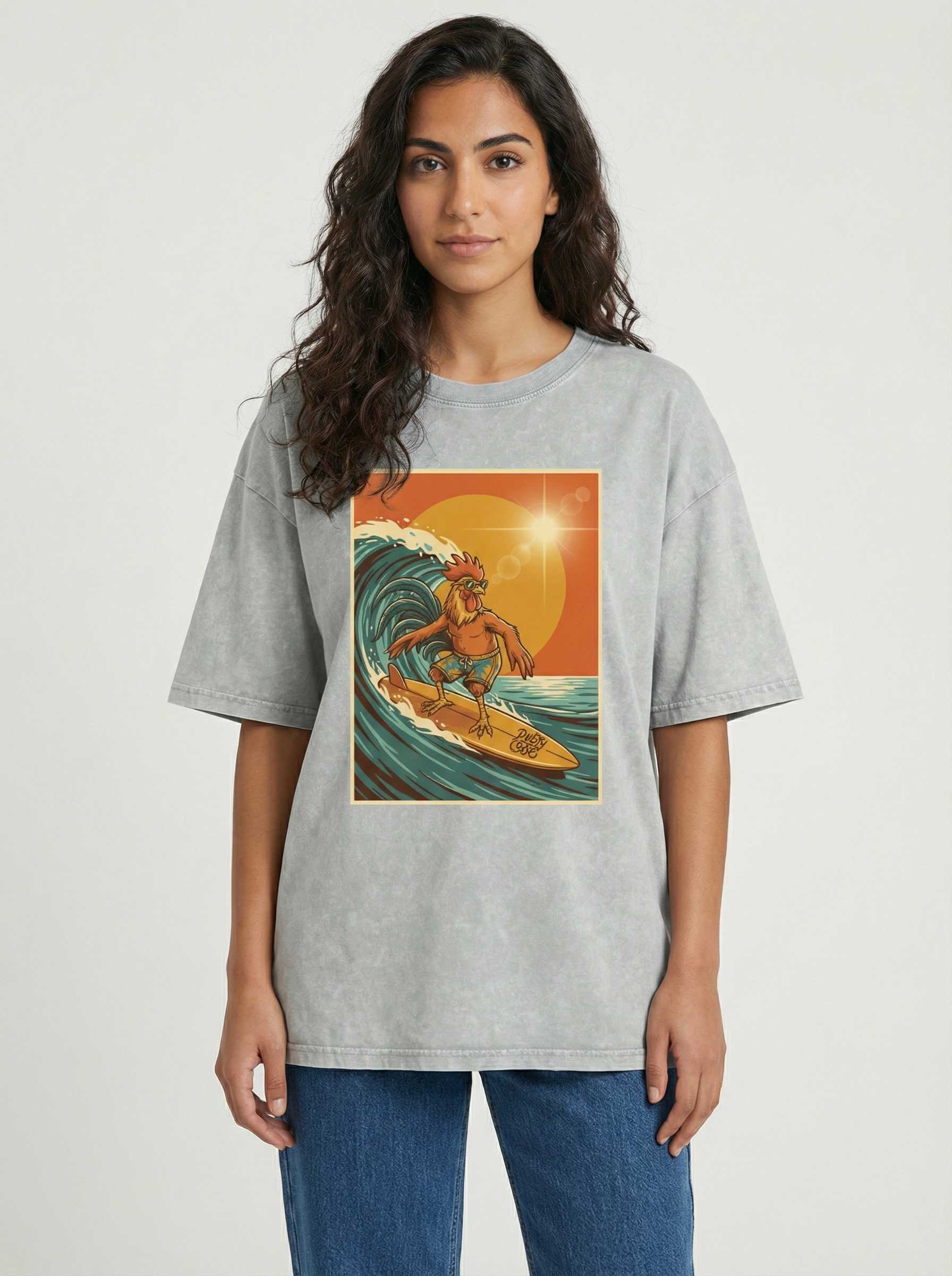 Dusty Cock, Rooster Surfer Graphic Tee – Heavyweight 100% Cotton, Vintage Wash
