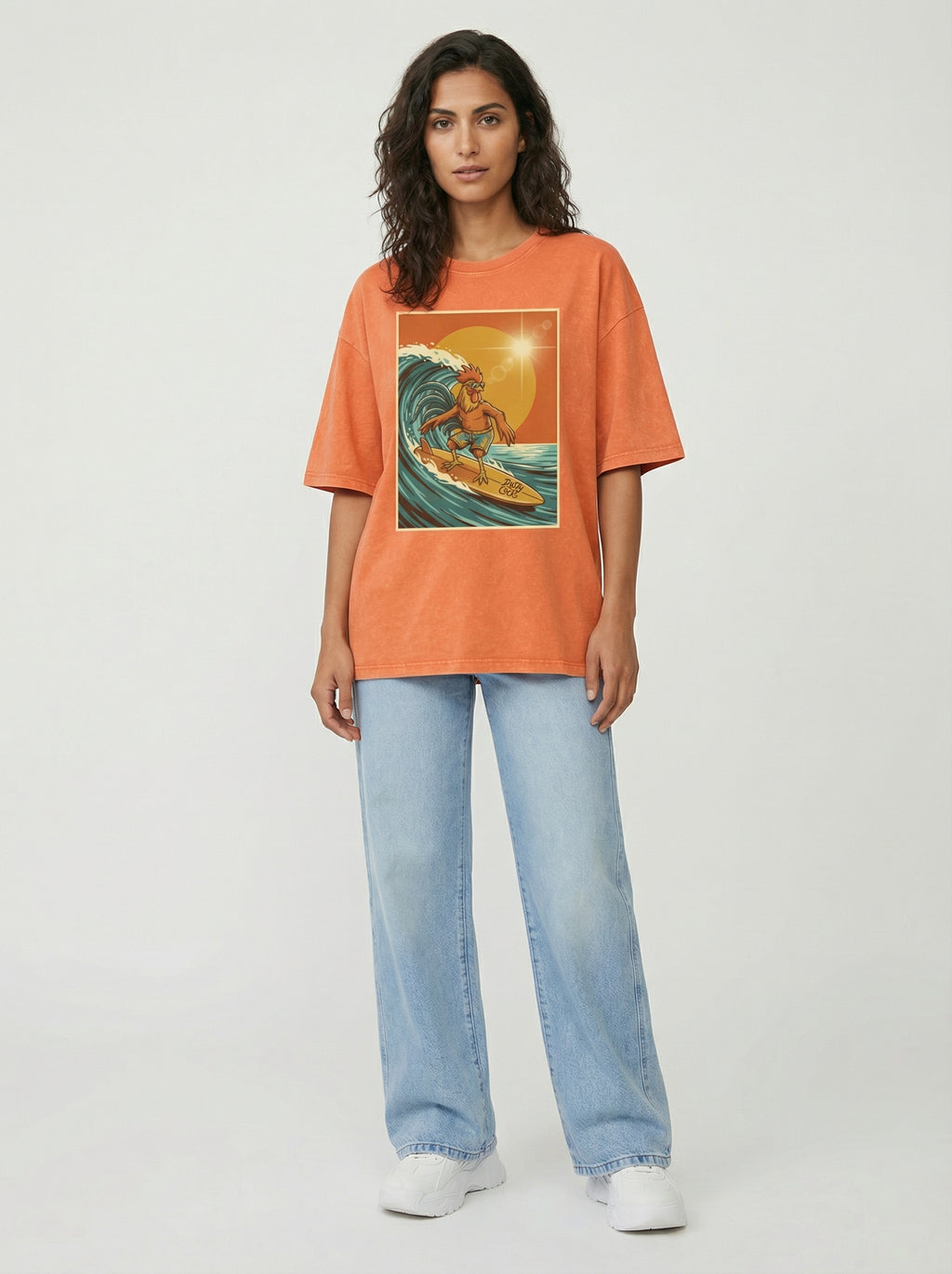 Dusty Cock, Rooster Surfer Graphic Tee – Heavyweight 100% Cotton, Vintage Wash
