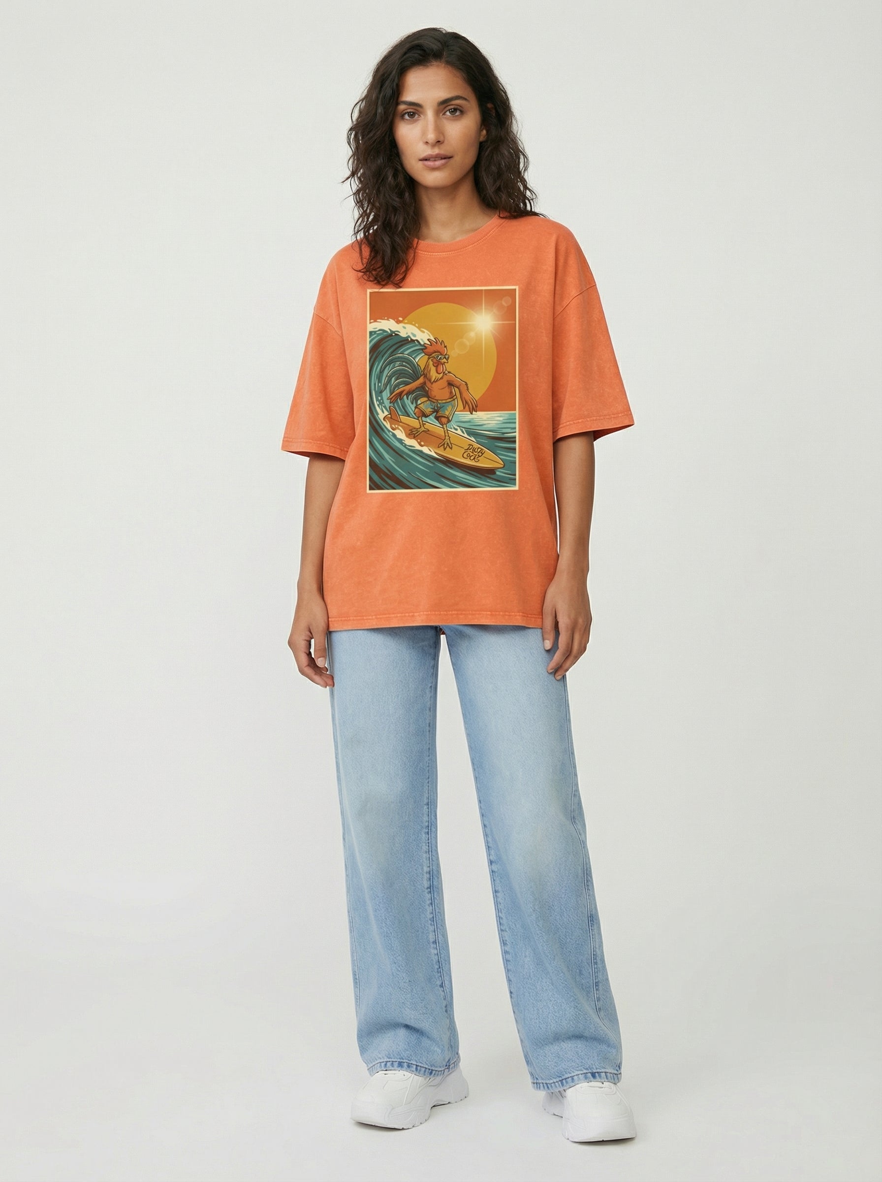 Dusty Cock, Rooster Surfer Graphic Tee – Heavyweight 100% Cotton, Vintage Wash