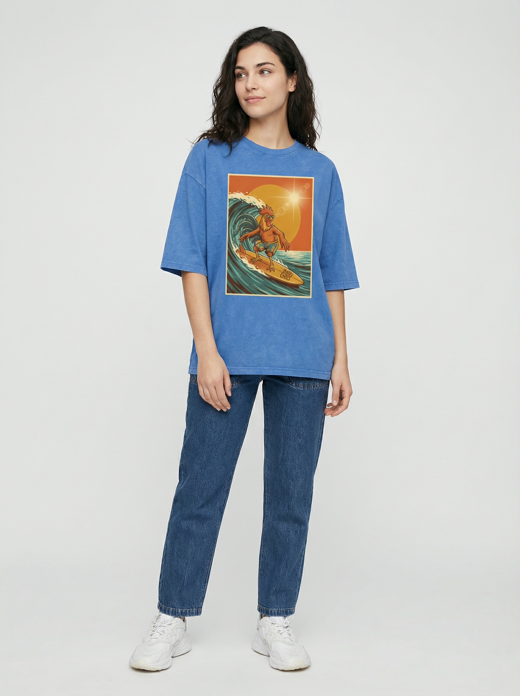 Dusty Cock, Rooster Surfer Graphic Tee – Heavyweight 100% Cotton, Vintage Wash
