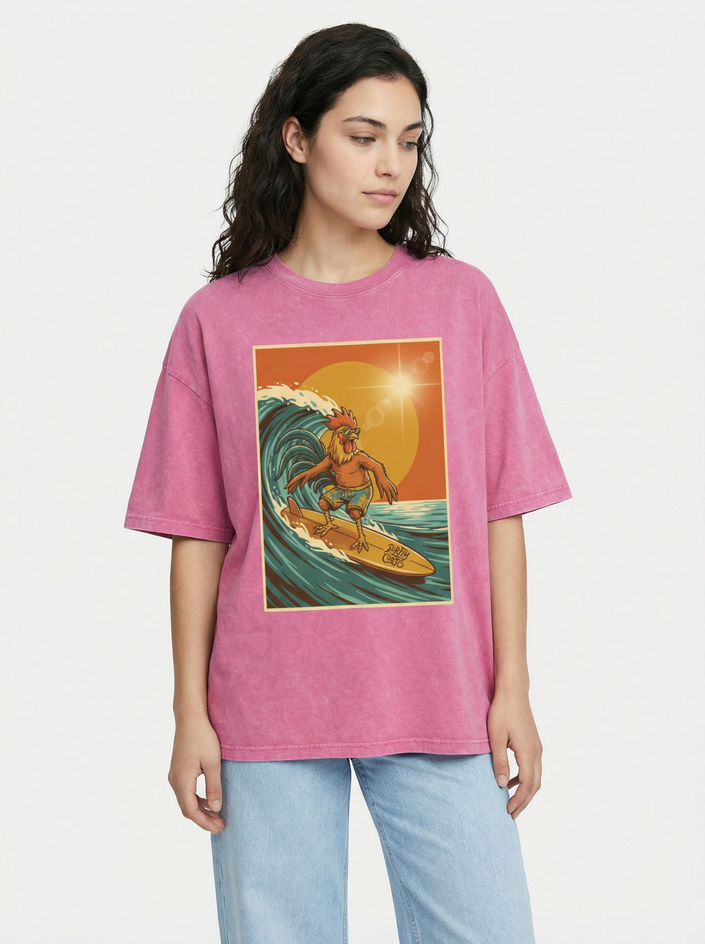 Dusty Cock, Rooster Surfer Graphic Tee – Heavyweight 100% Cotton, Vintage Wash