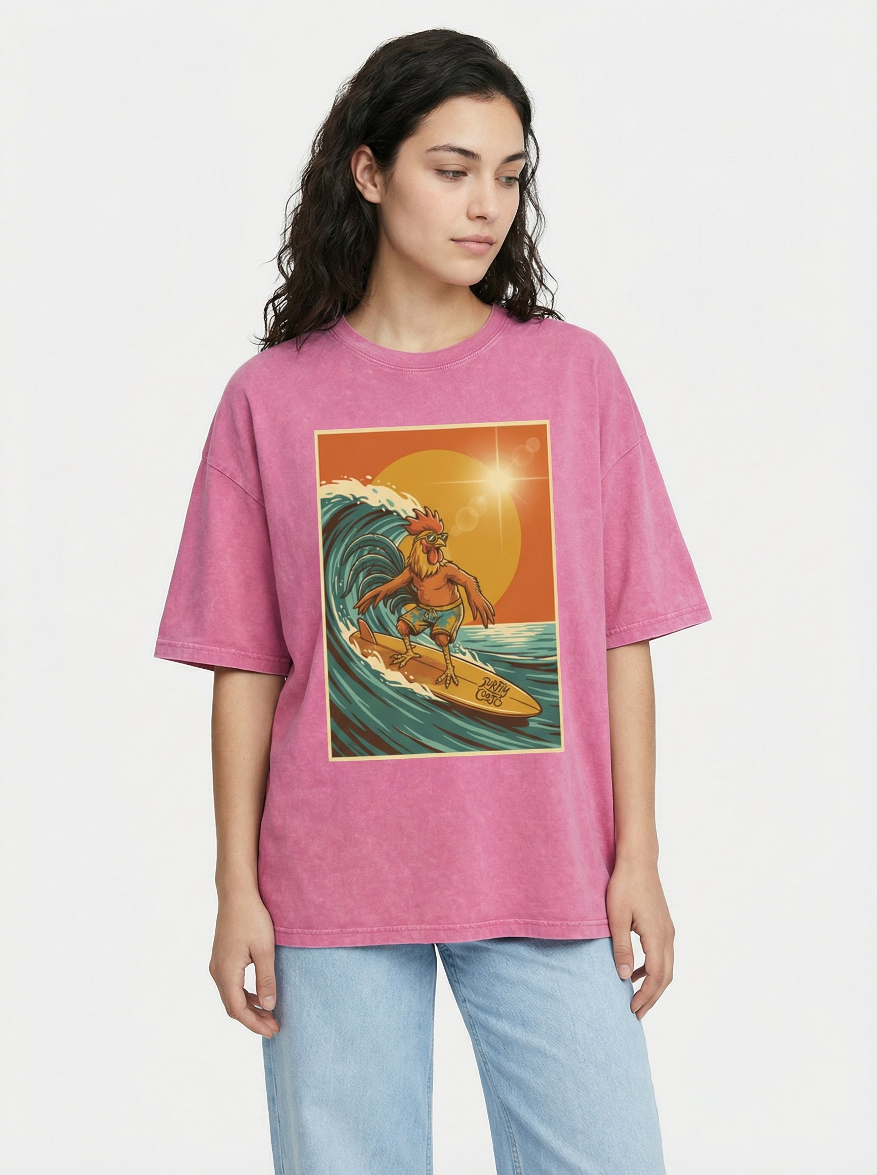 Dusty Cock, Rooster Surfer Graphic Tee – Heavyweight 100% Cotton, Vintage Wash