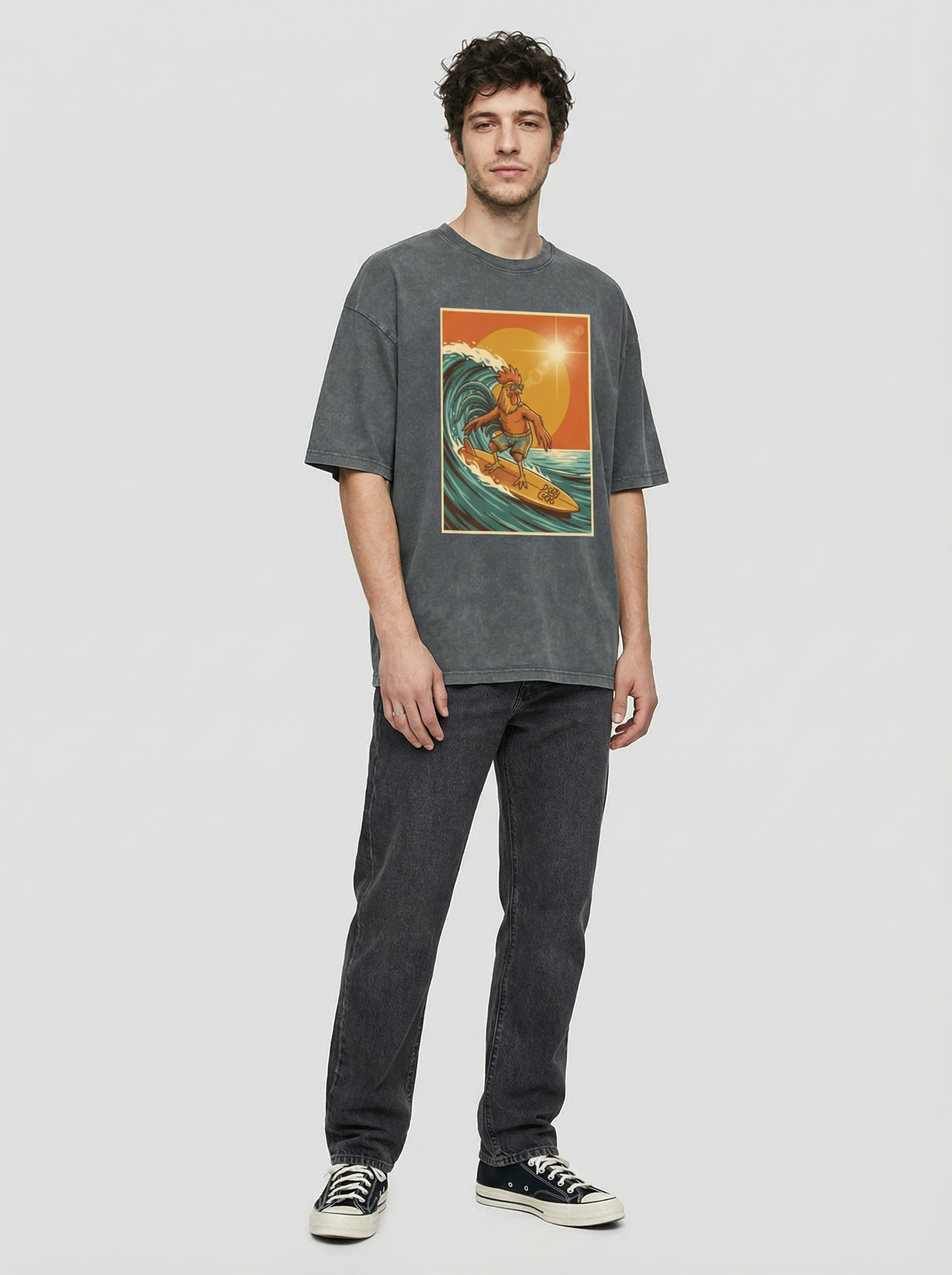 Dusty Cock, Rooster Surfer Graphic Tee – Heavyweight 100% Cotton, Vintage Wash
