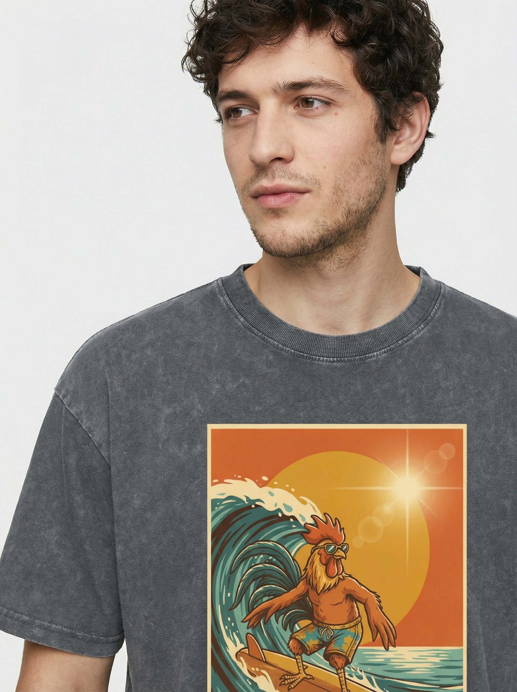 Dusty Cock, Rooster Surfer Graphic Tee – Heavyweight 100% Cotton, Vintage Wash