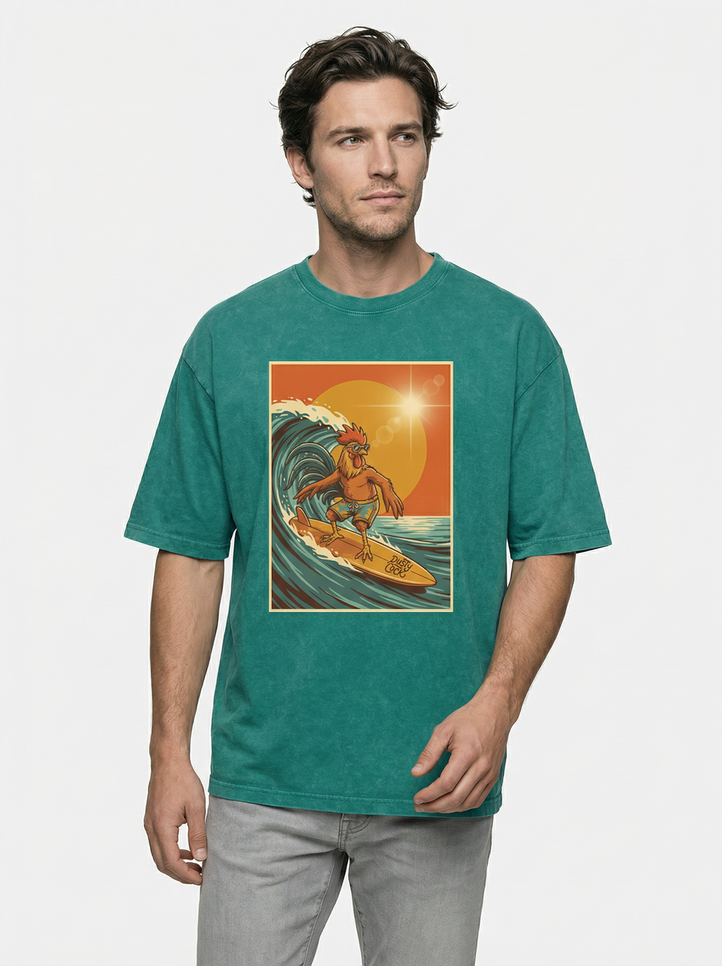 Dusty Cock, Rooster Surfer Graphic Tee – Heavyweight 100% Cotton, Vintage Wash