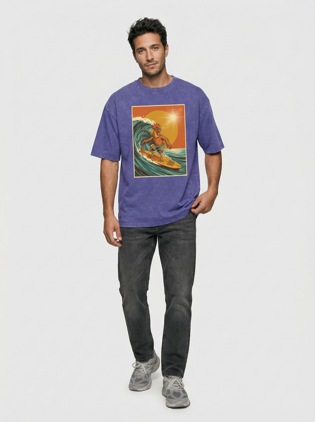 Dusty Cock, Rooster Surfer Graphic Tee – Heavyweight 100% Cotton, Vintage Wash