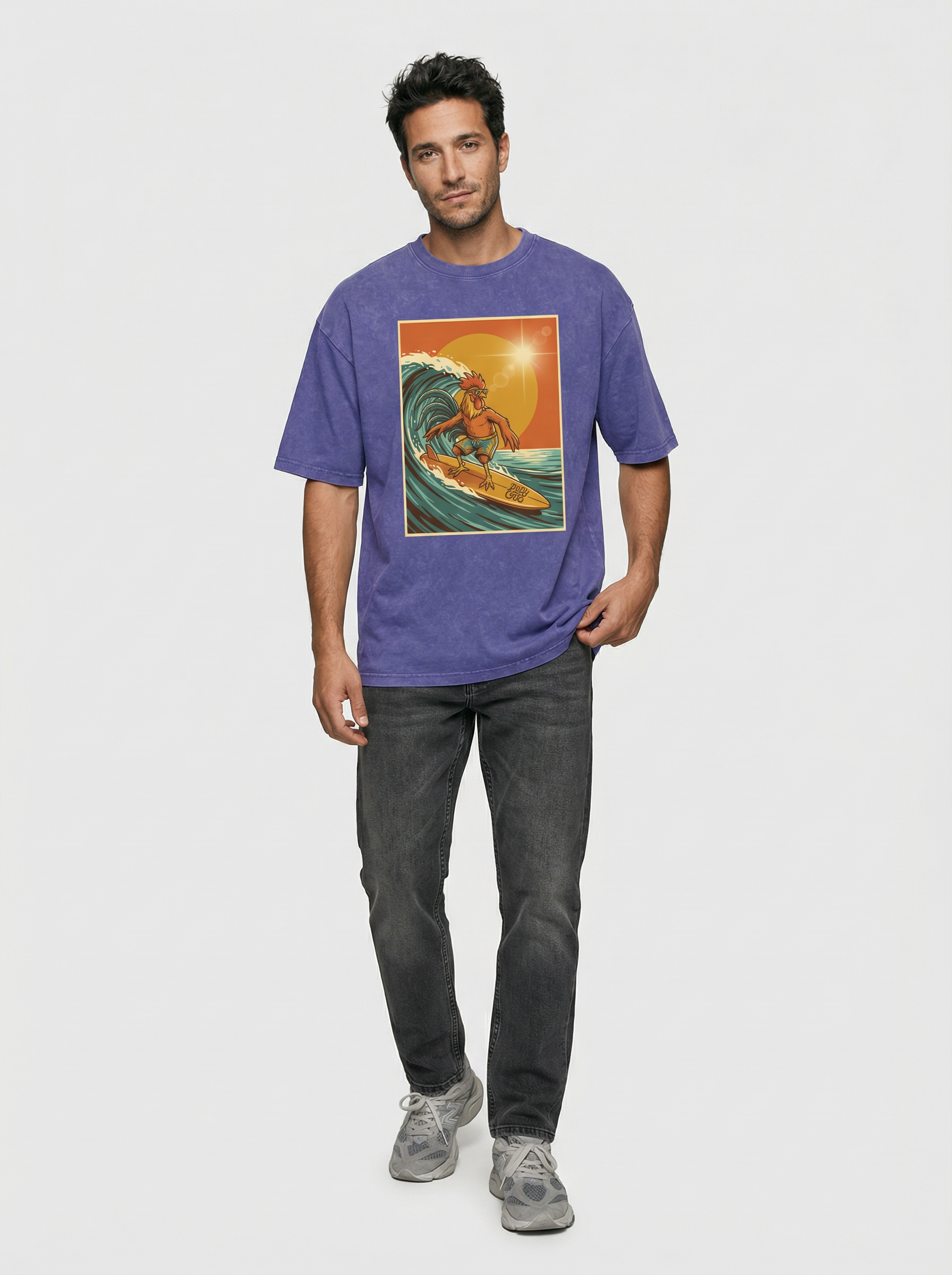 Dusty Cock, Rooster Surfer Graphic Tee – Heavyweight 100% Cotton, Vintage Wash