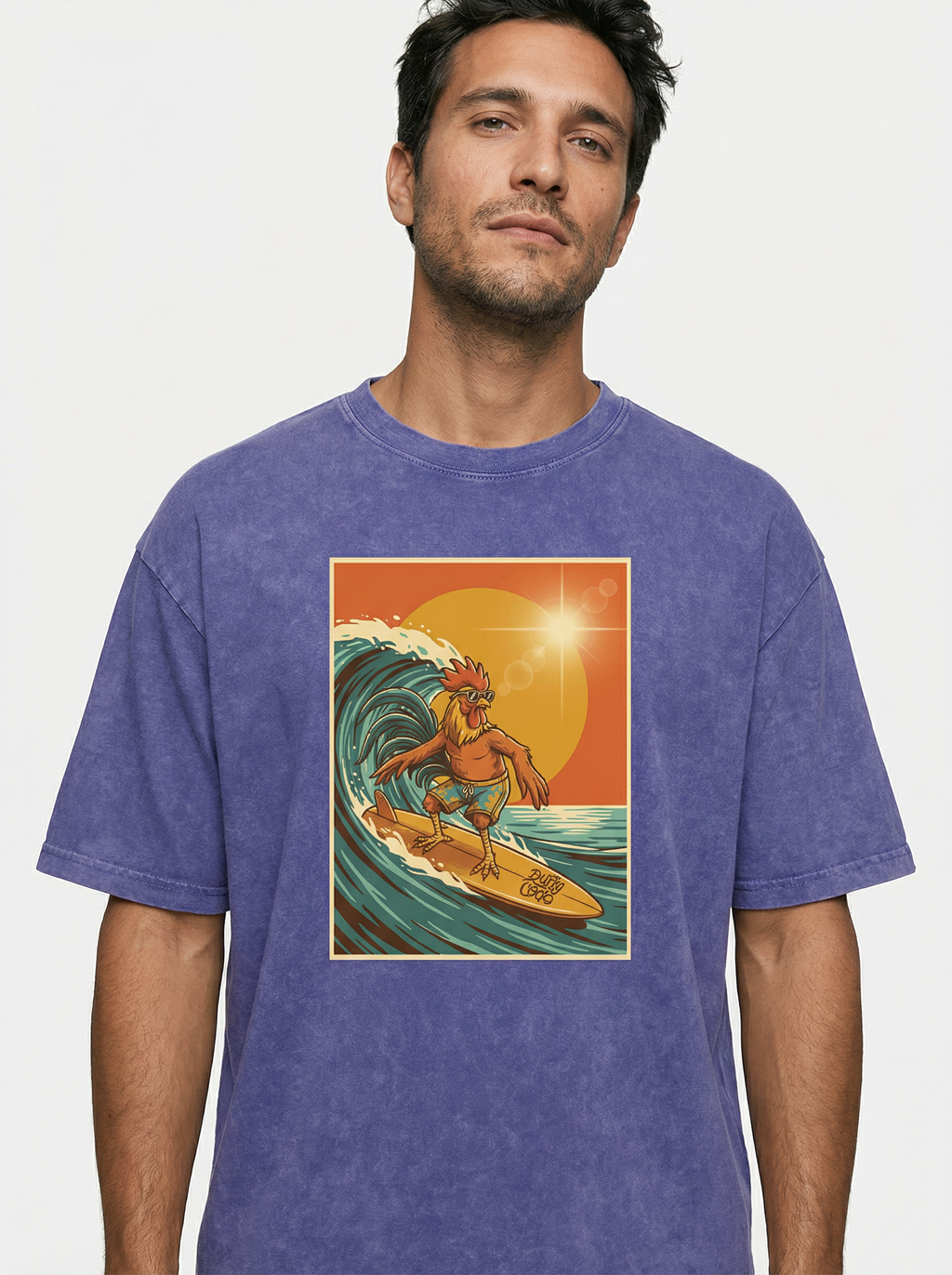 Dusty Cock, Rooster Surfer Graphic Tee – Heavyweight 100% Cotton, Vintage Wash