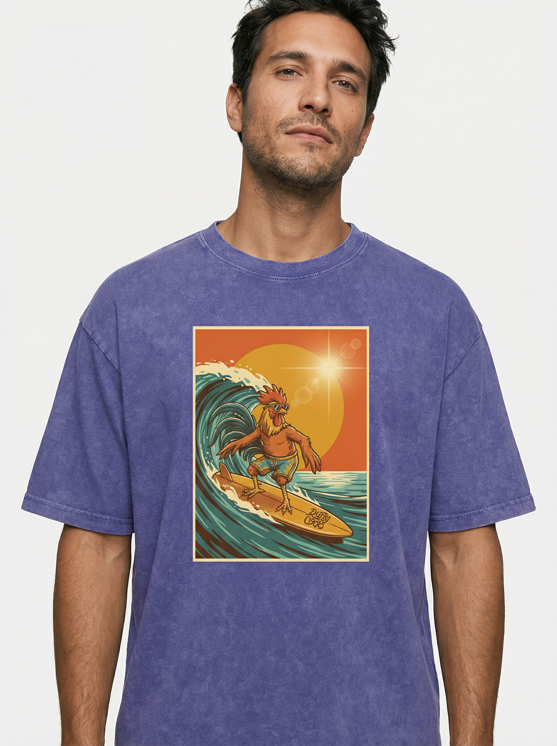 Dusty Cock, Rooster Surfer Graphic Tee – Heavyweight 100% Cotton, Vintage Wash