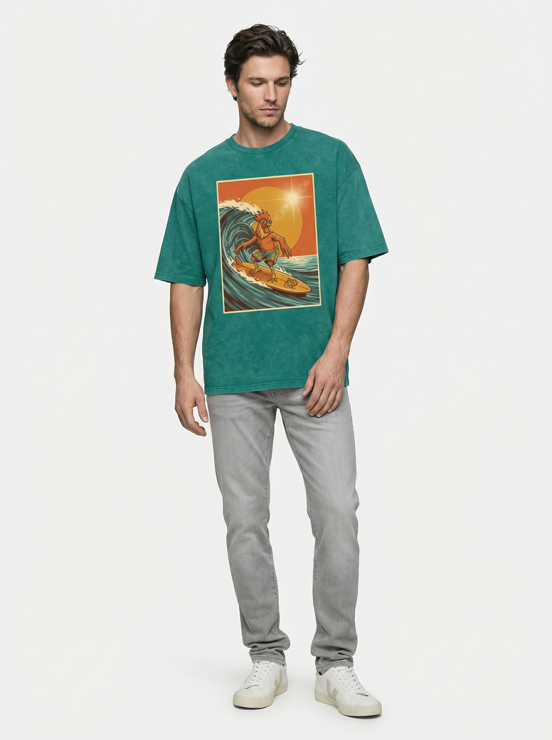 Dusty Cock, Rooster Surfer Graphic Tee – Heavyweight 100% Cotton, Vintage Wash