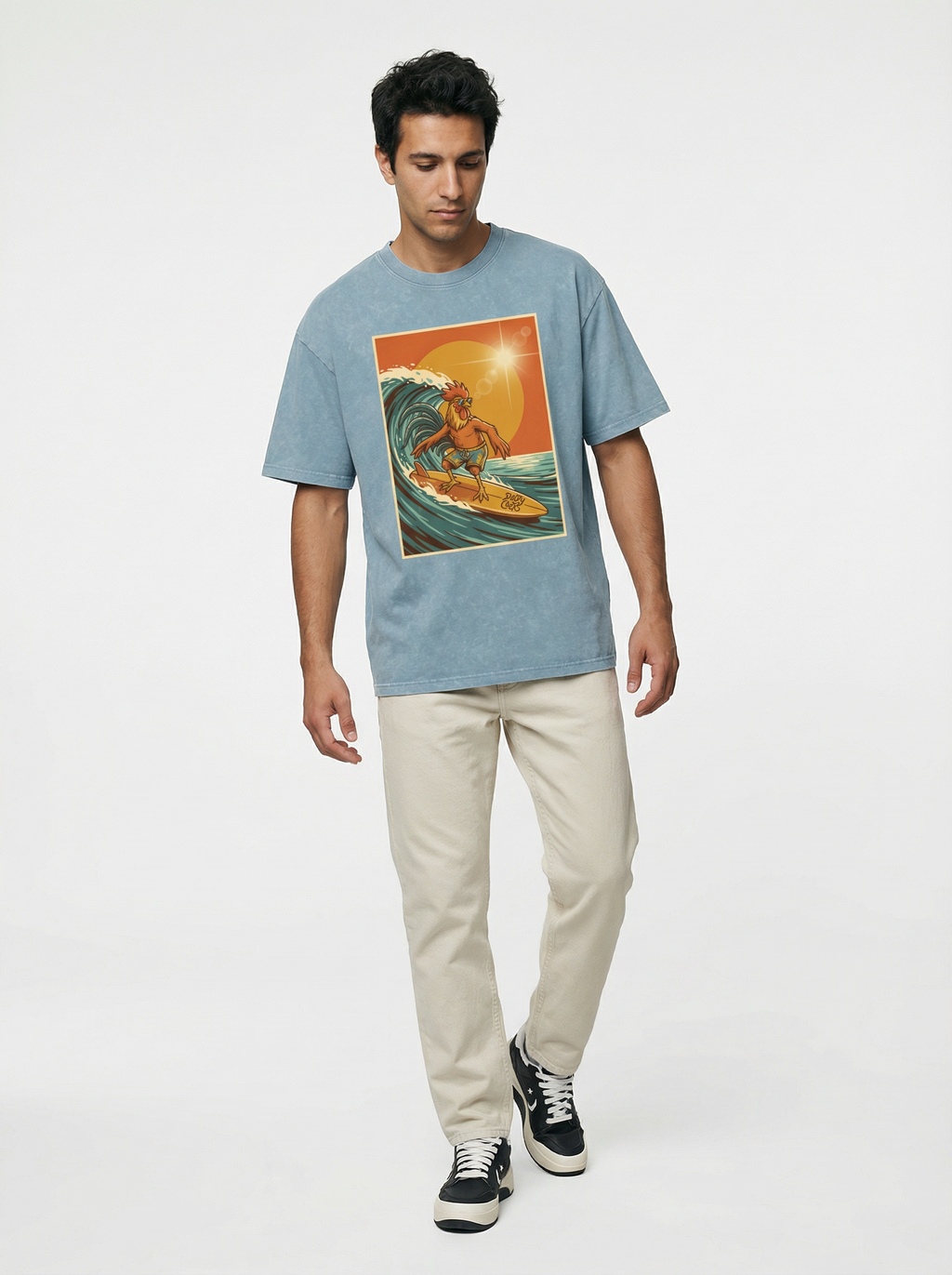 Dusty Cock, Rooster Surfer Graphic Tee – Heavyweight 100% Cotton, Vintage Wash