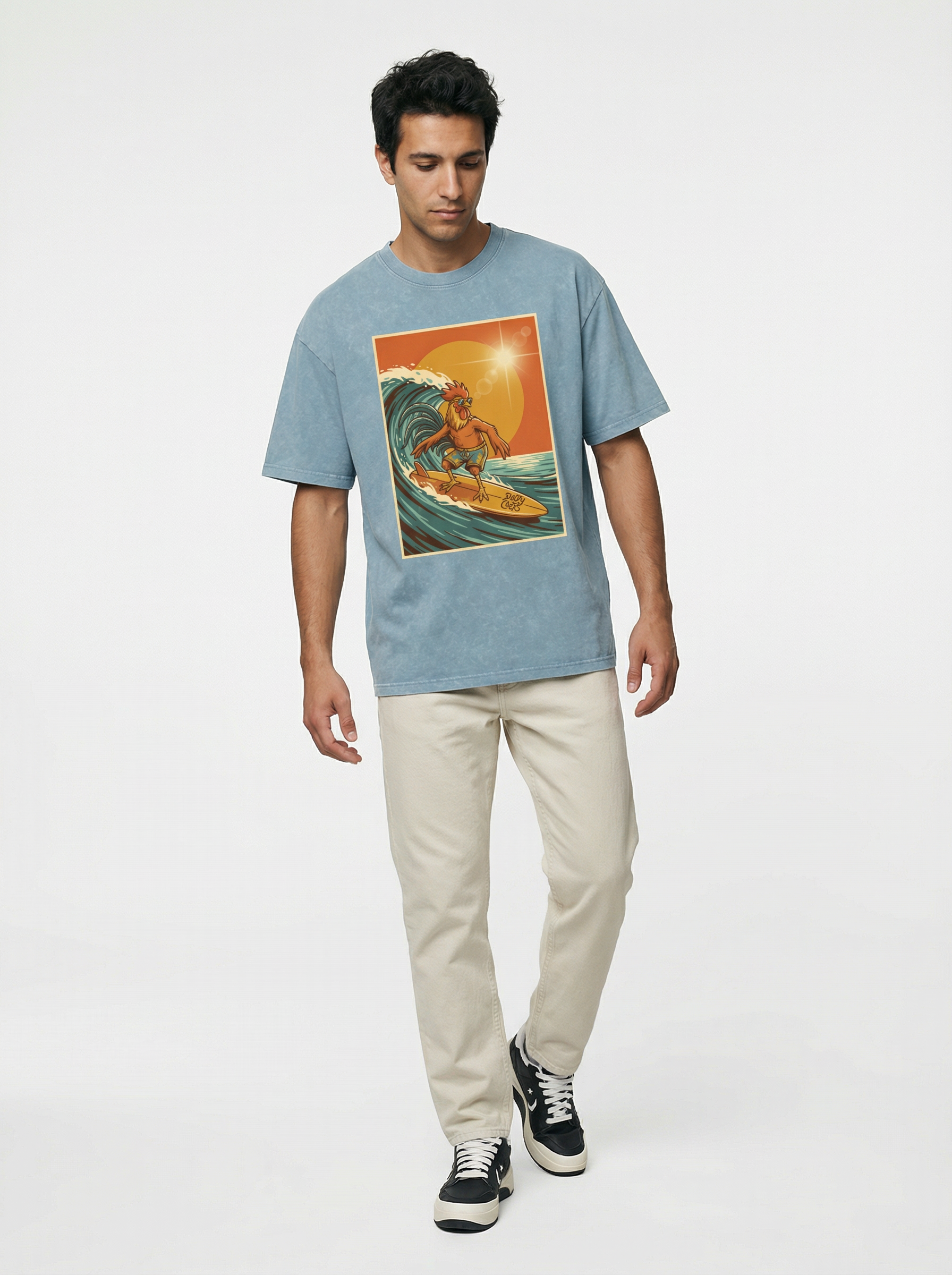 Dusty Cock, Rooster Surfer Graphic Tee – Heavyweight 100% Cotton, Vintage Wash