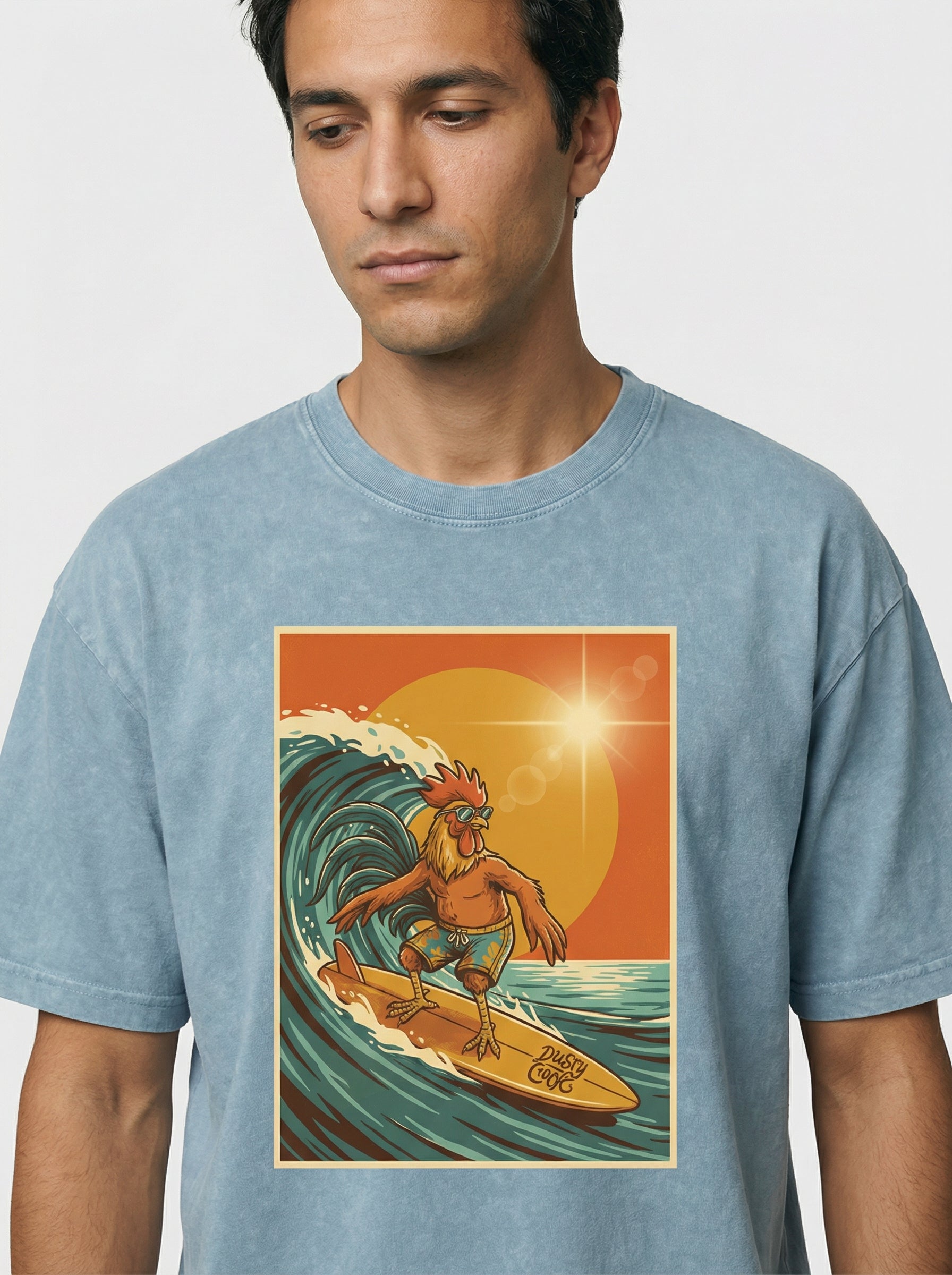 Dusty Cock, Rooster Surfer Graphic Tee – Heavyweight 100% Cotton, Vintage Wash
