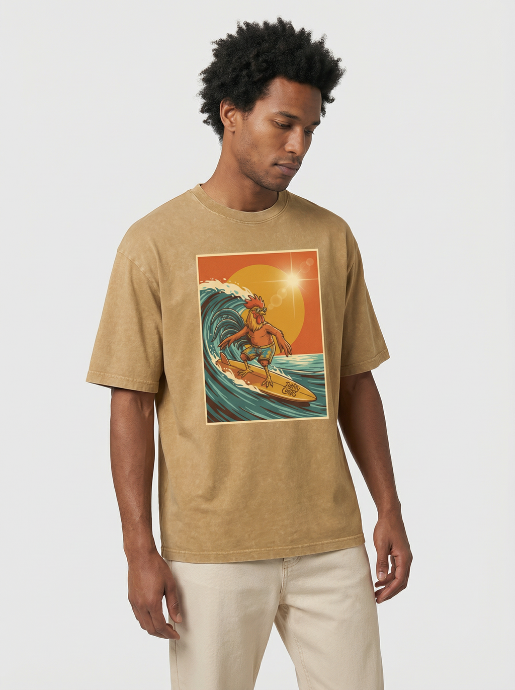 Dusty Cock, Rooster Surfer Graphic Tee – Heavyweight 100% Cotton, Vintage Wash