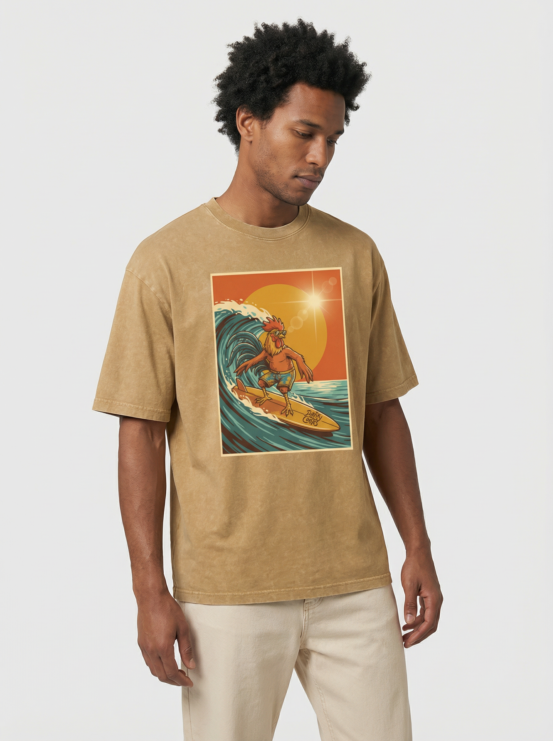 Dusty Cock, Rooster Surfer Graphic Tee – Heavyweight 100% Cotton, Vintage Wash
