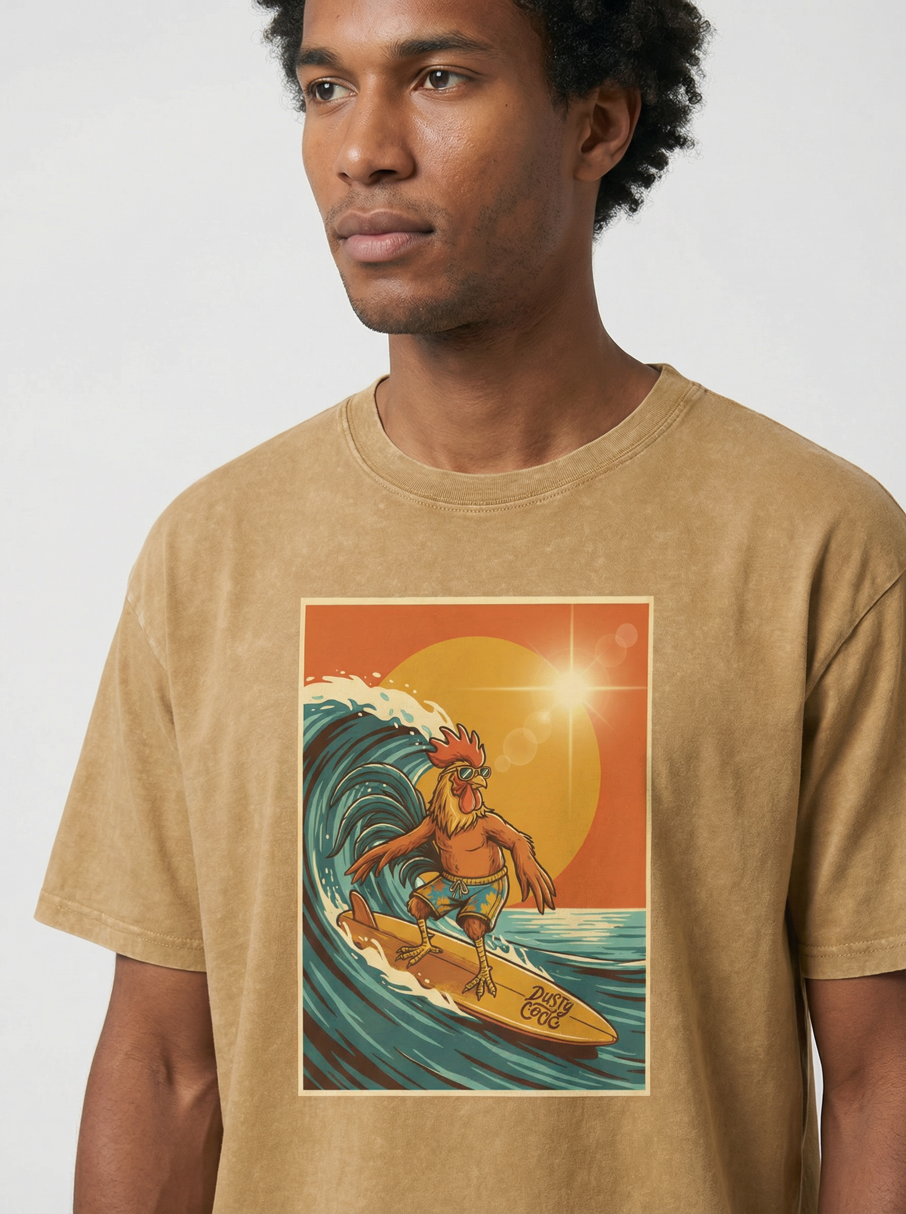 Dusty Cock, Rooster Surfer Graphic Tee – Heavyweight 100% Cotton, Vintage Wash