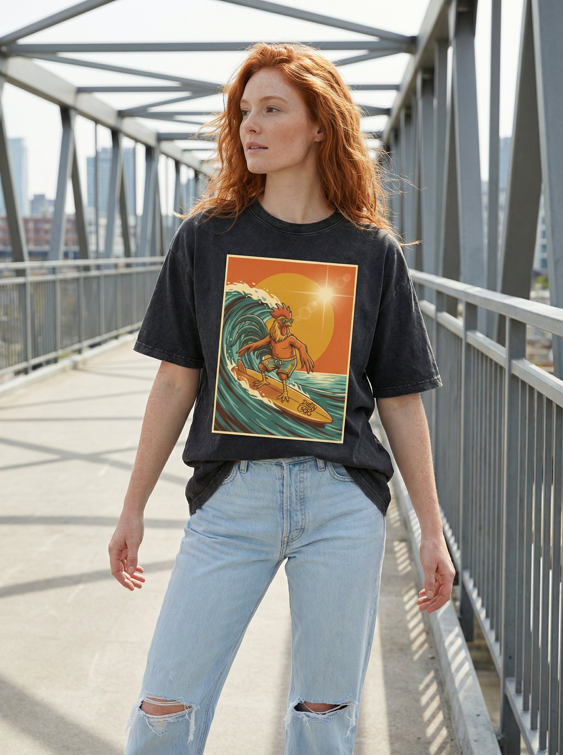 Dusty Cock, Rooster Surfer Graphic Tee – Heavyweight 100% Cotton, Vintage Wash
