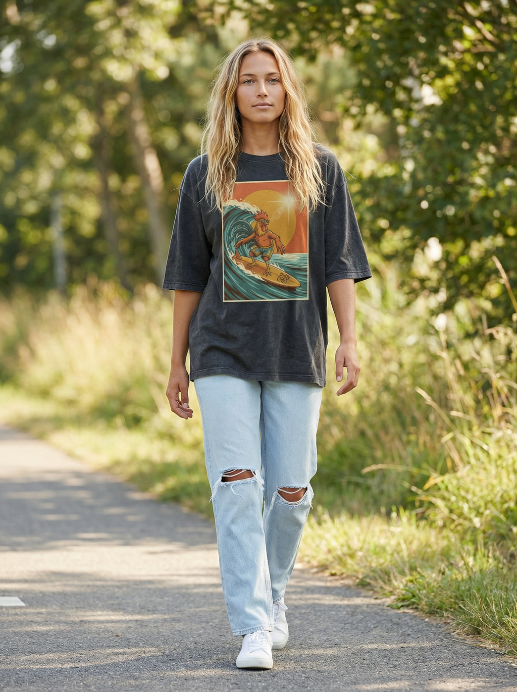 Dusty Cock, Rooster Surfer Graphic Tee – Heavyweight 100% Cotton, Vintage Wash