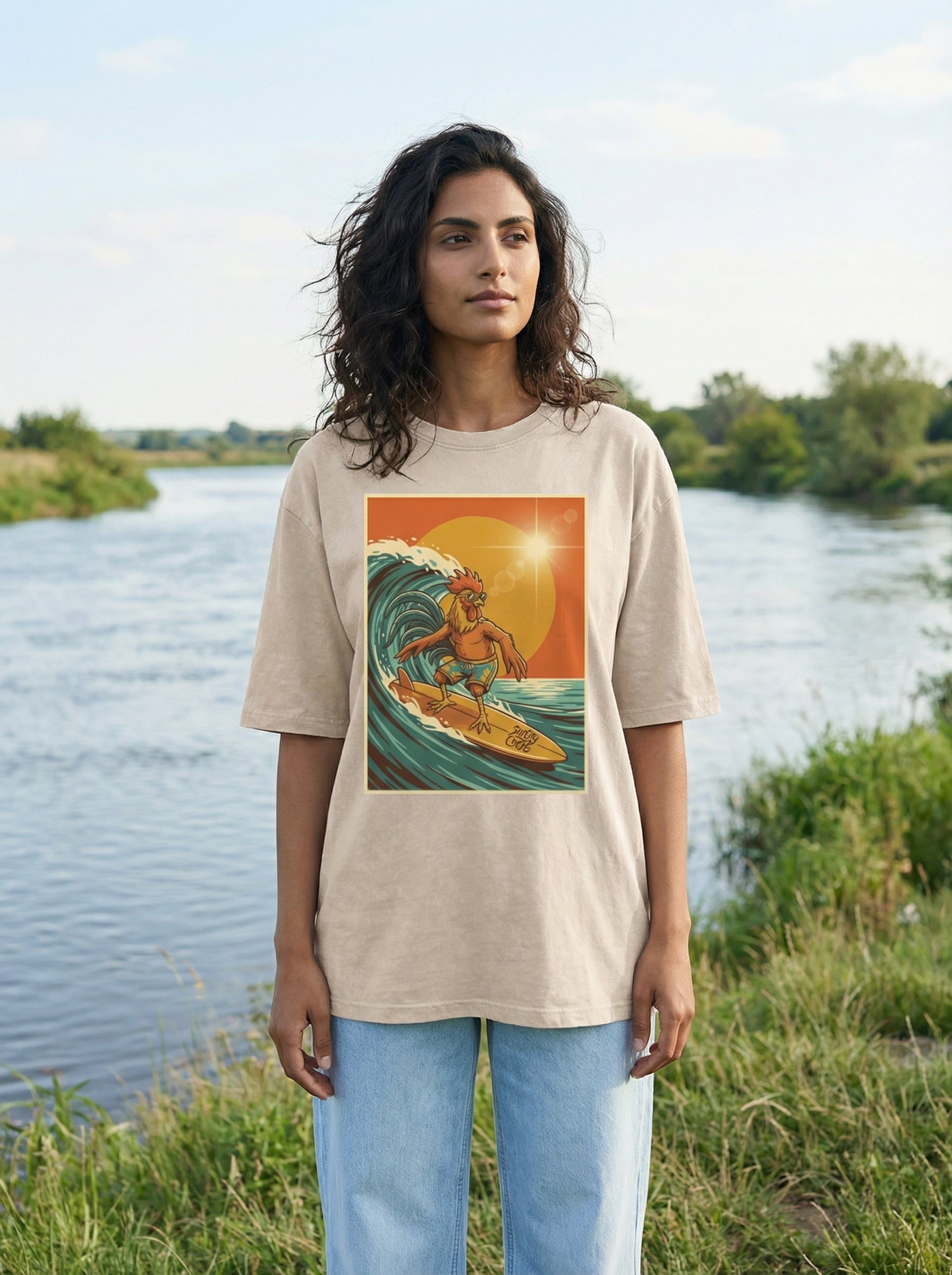 Dusty Cock, Rooster Surfer Graphic Tee – Heavyweight 100% Cotton, Vintage Wash