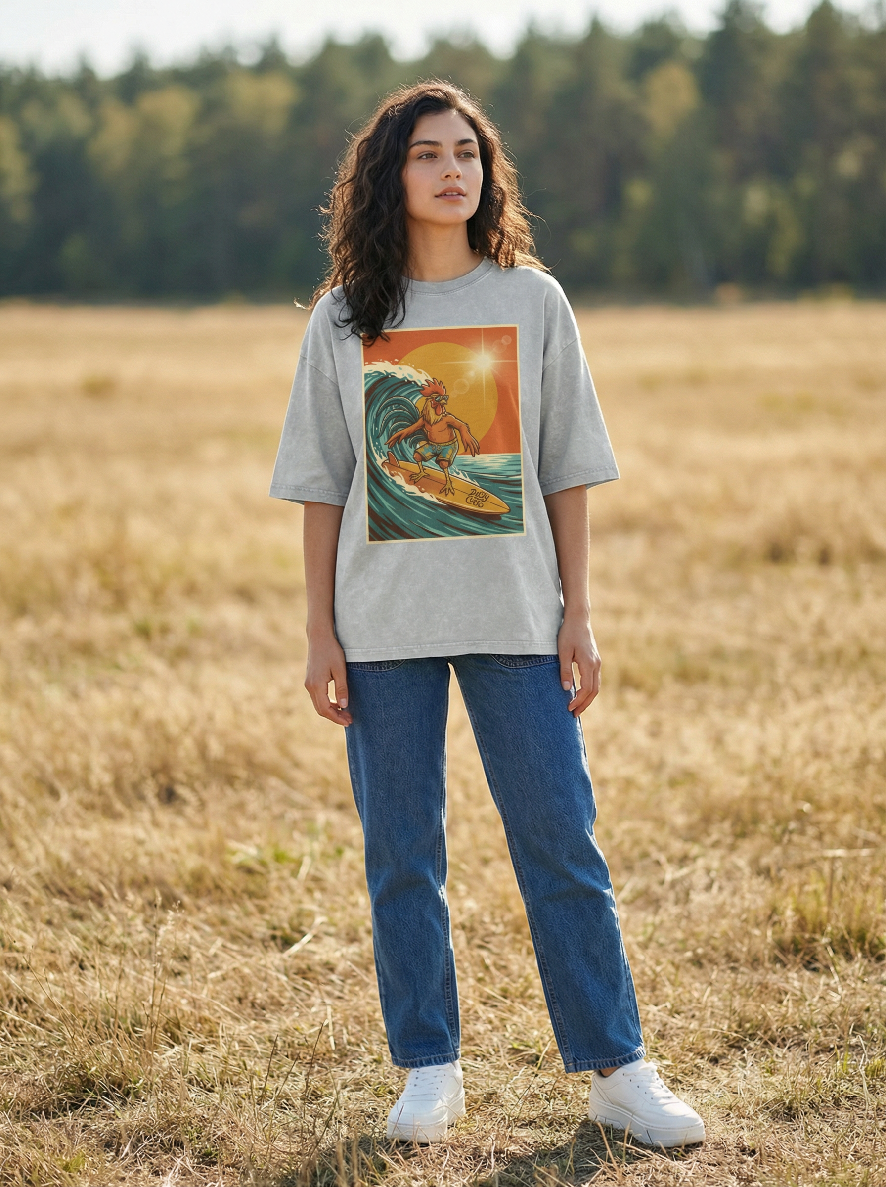Dusty Cock, Rooster Surfer Graphic Tee – Heavyweight 100% Cotton, Vintage Wash