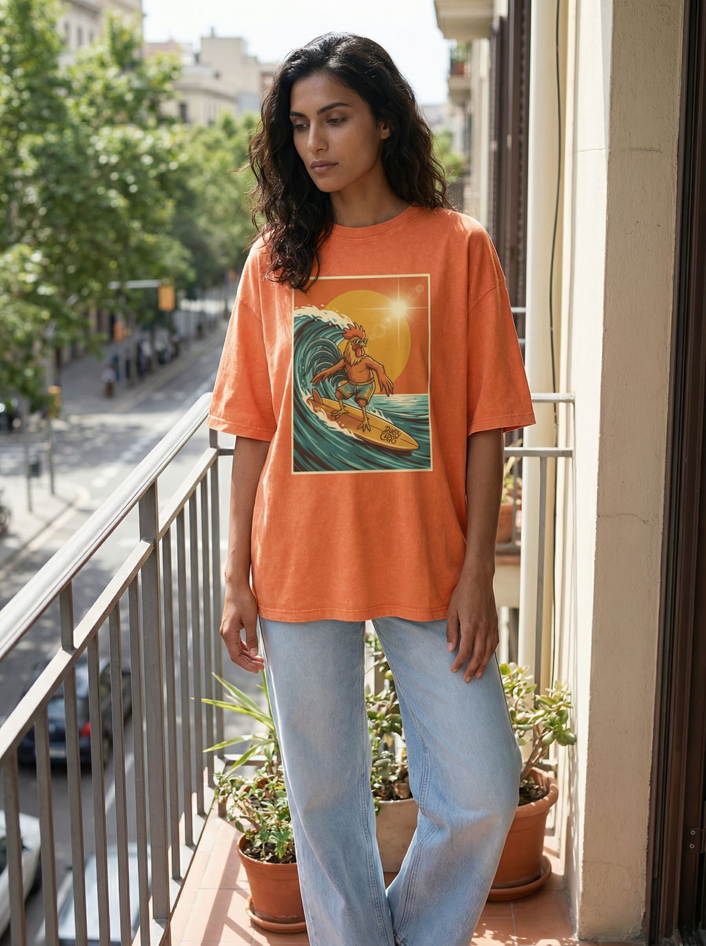 Dusty Cock, Rooster Surfer Graphic Tee – Heavyweight 100% Cotton, Vintage Wash