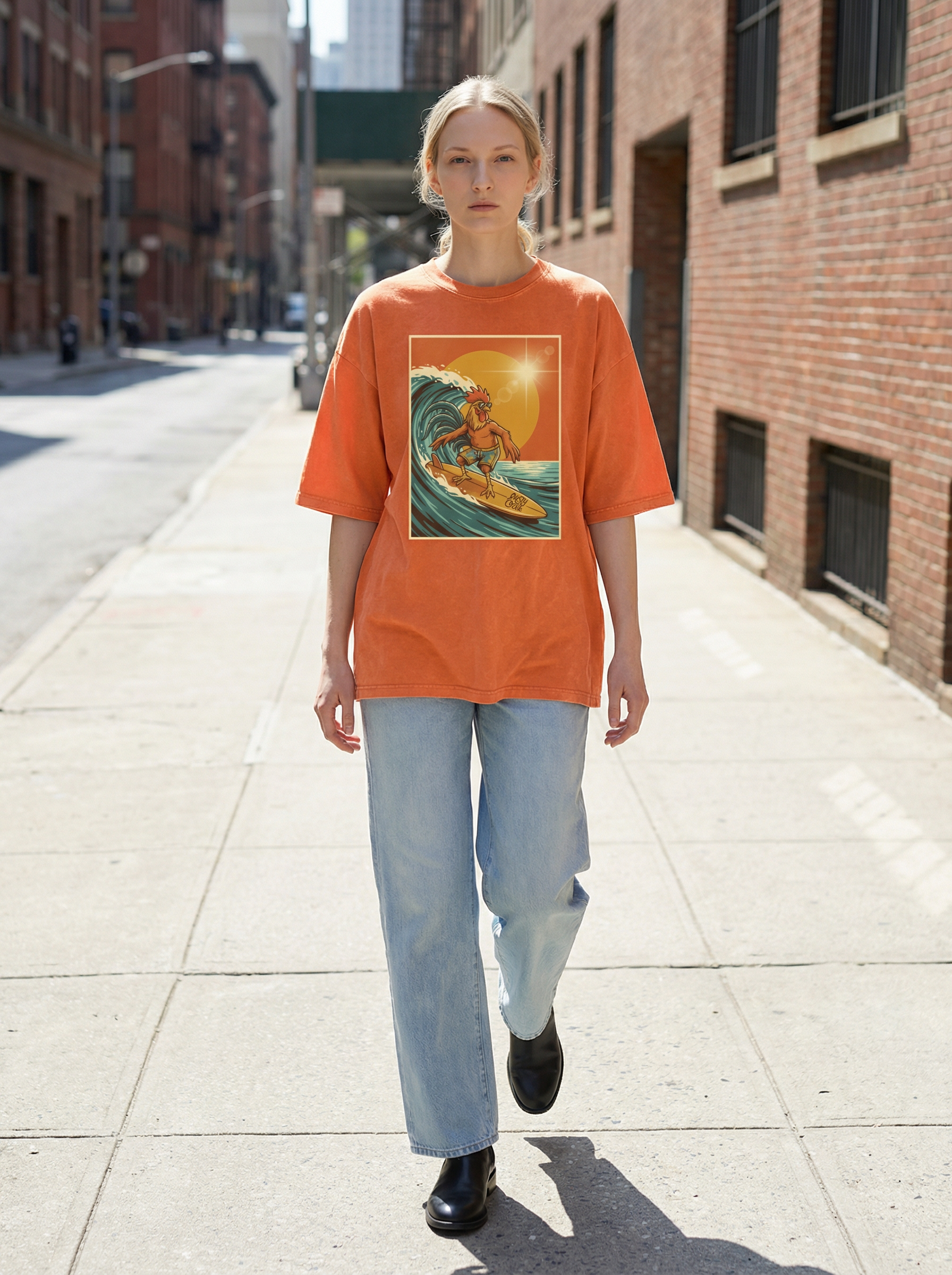 Dusty Cock, Rooster Surfer Graphic Tee – Heavyweight 100% Cotton, Vintage Wash