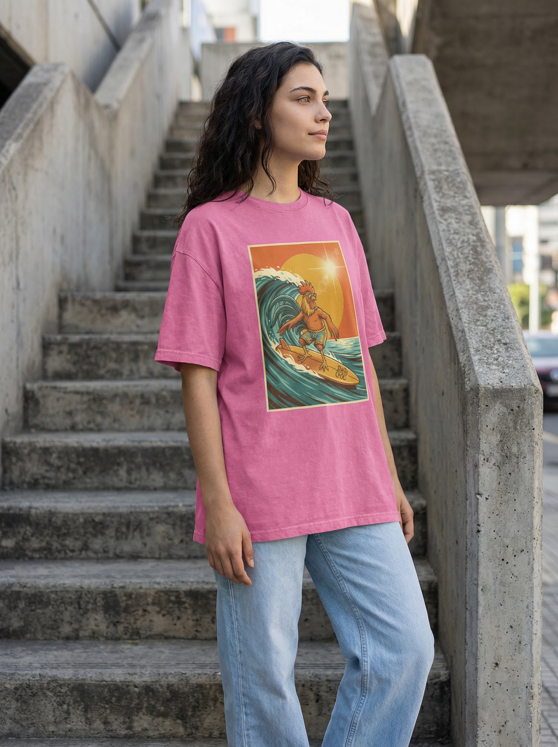 Dusty Cock, Rooster Surfer Graphic Tee – Heavyweight 100% Cotton, Vintage Wash