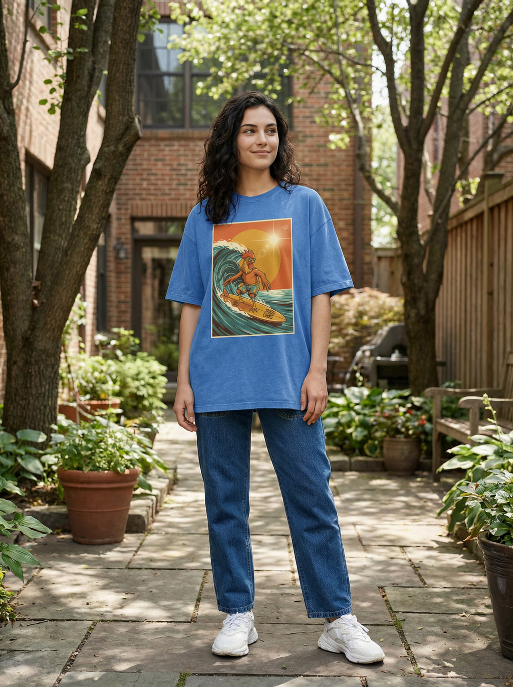 Dusty Cock, Rooster Surfer Graphic Tee – Heavyweight 100% Cotton, Vintage Wash