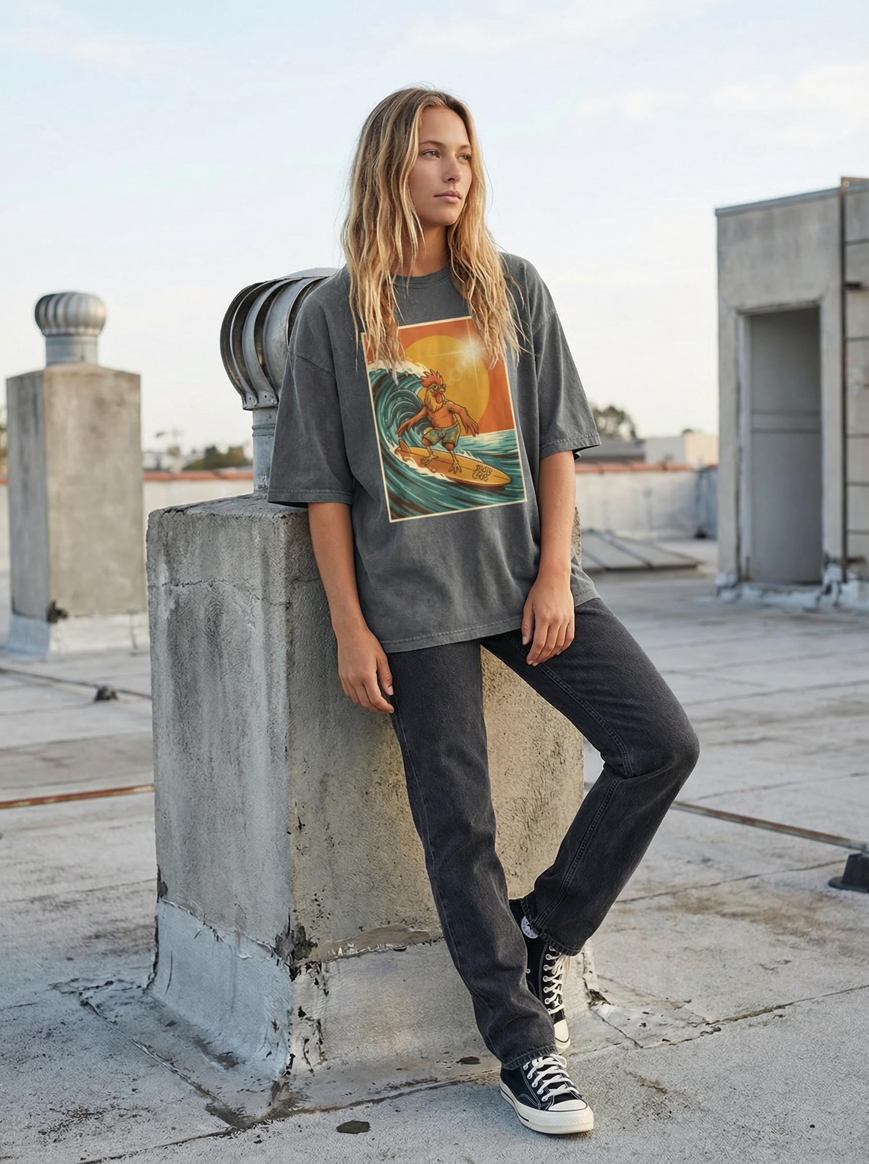 Dusty Cock, Rooster Surfer Graphic Tee – Heavyweight 100% Cotton, Vintage Wash