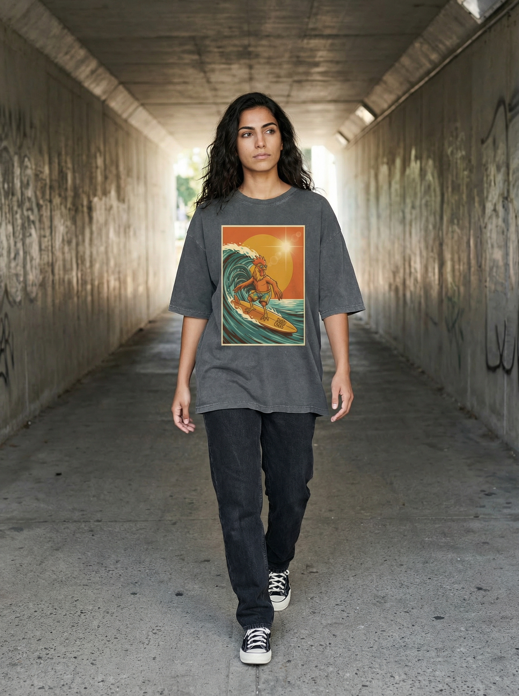 Dusty Cock, Rooster Surfer Graphic Tee – Heavyweight 100% Cotton, Vintage Wash