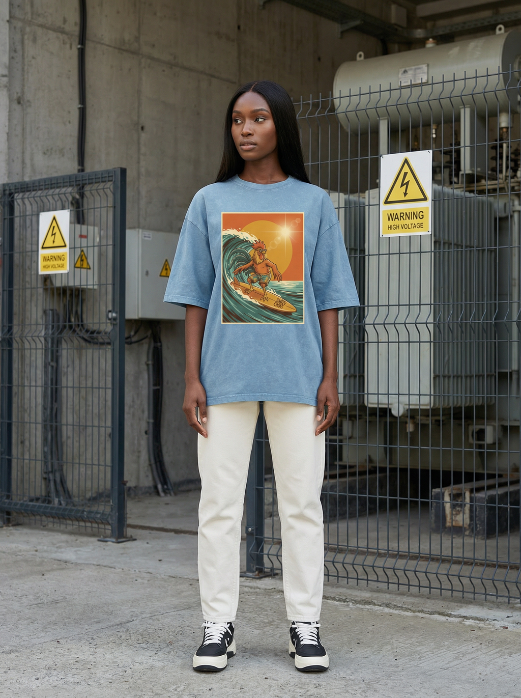 Dusty Cock, Rooster Surfer Graphic Tee – Heavyweight 100% Cotton, Vintage Wash