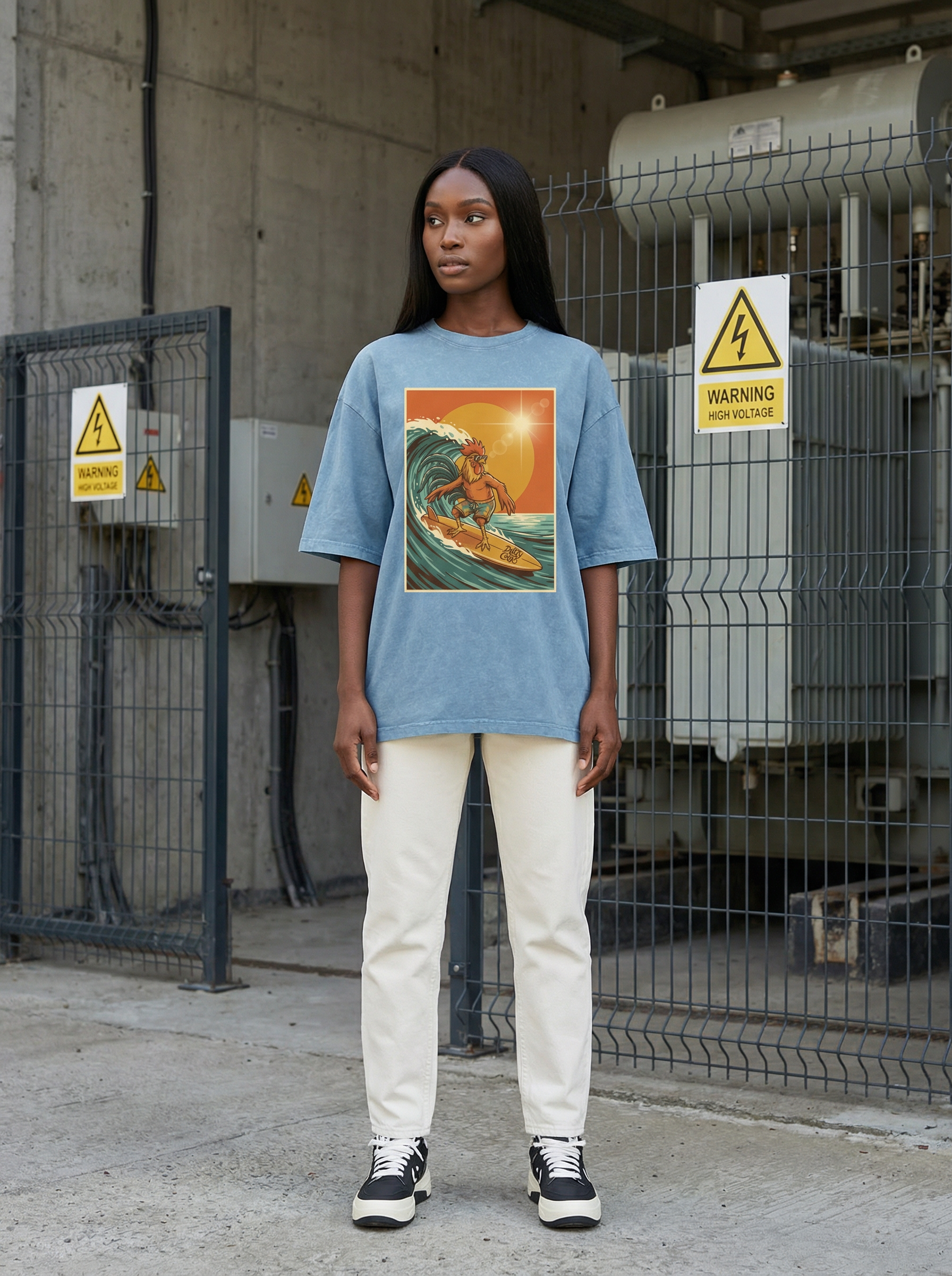 Dusty Cock, Rooster Surfer Graphic Tee – Heavyweight 100% Cotton, Vintage Wash