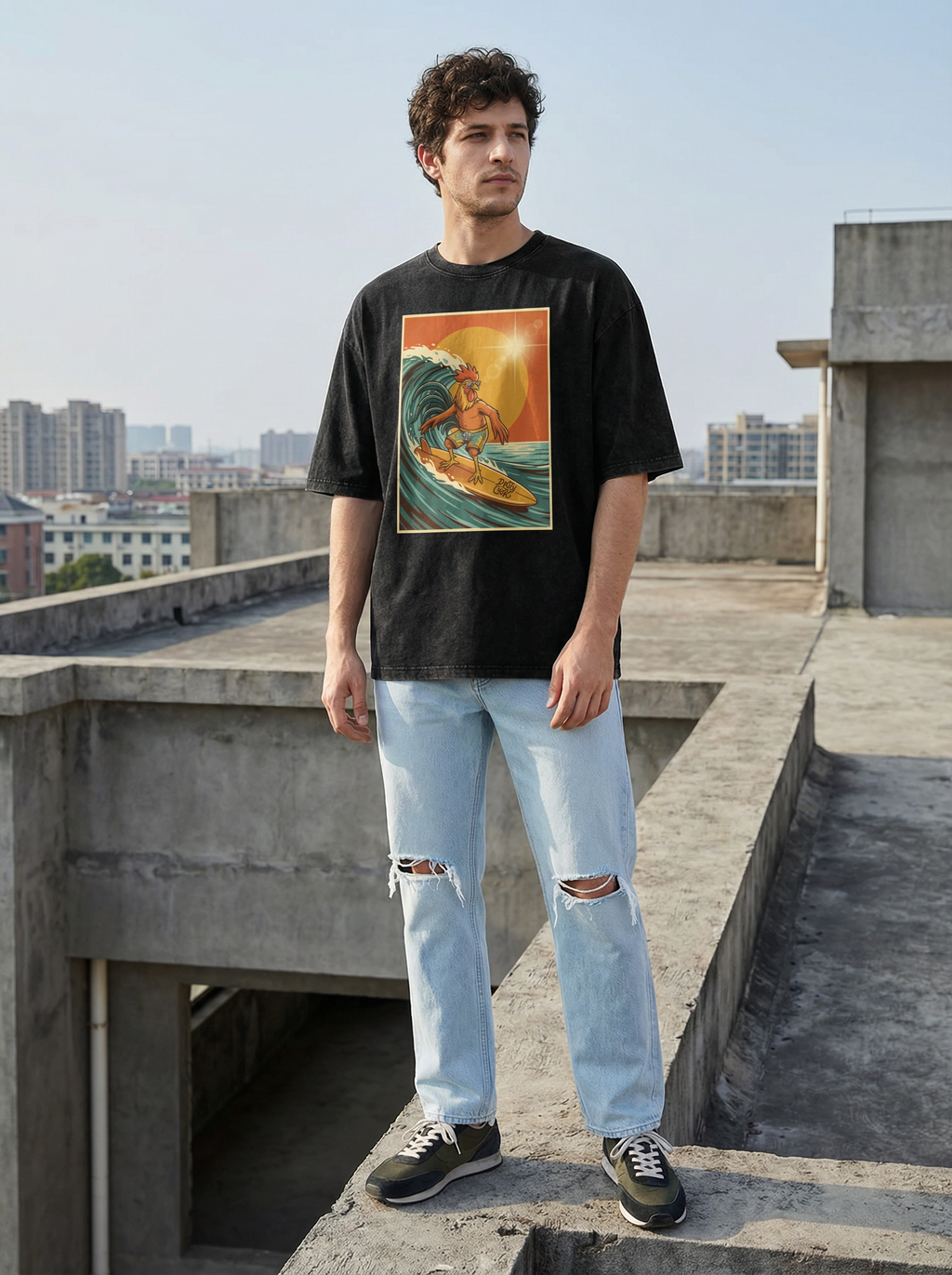 Dusty Cock, Rooster Surfer Graphic Tee – Heavyweight 100% Cotton, Vintage Wash