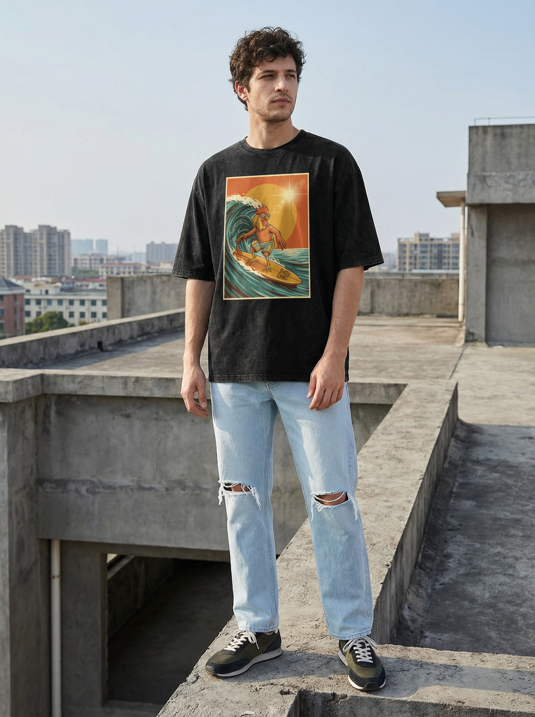 Dusty Cock, Rooster Surfer Graphic Tee – Heavyweight 100% Cotton, Vintage Wash