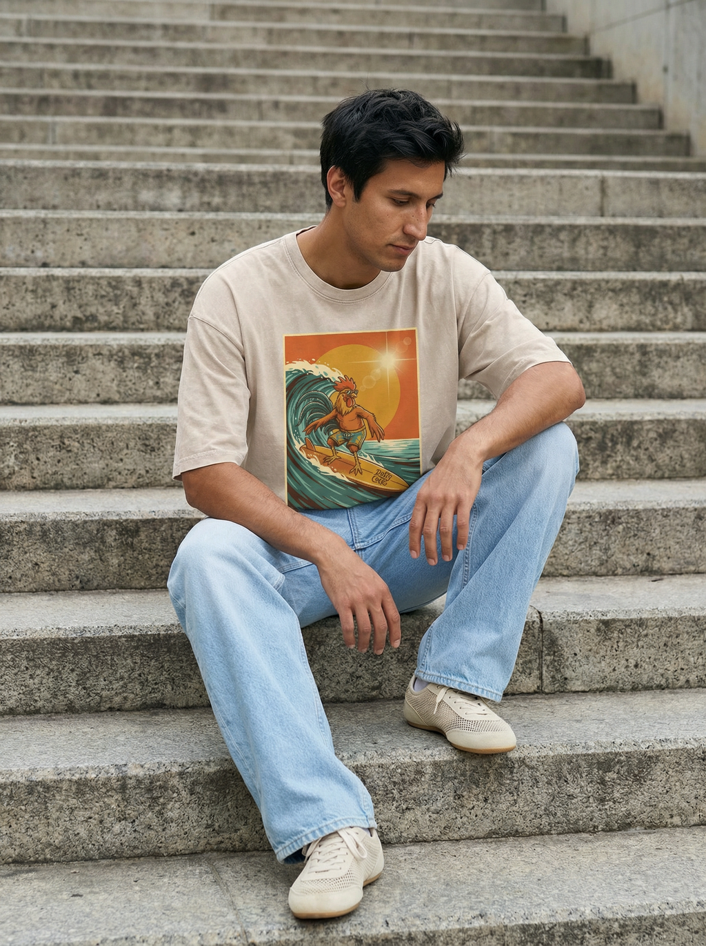 Dusty Cock, Rooster Surfer Graphic Tee – Heavyweight 100% Cotton, Vintage Wash
