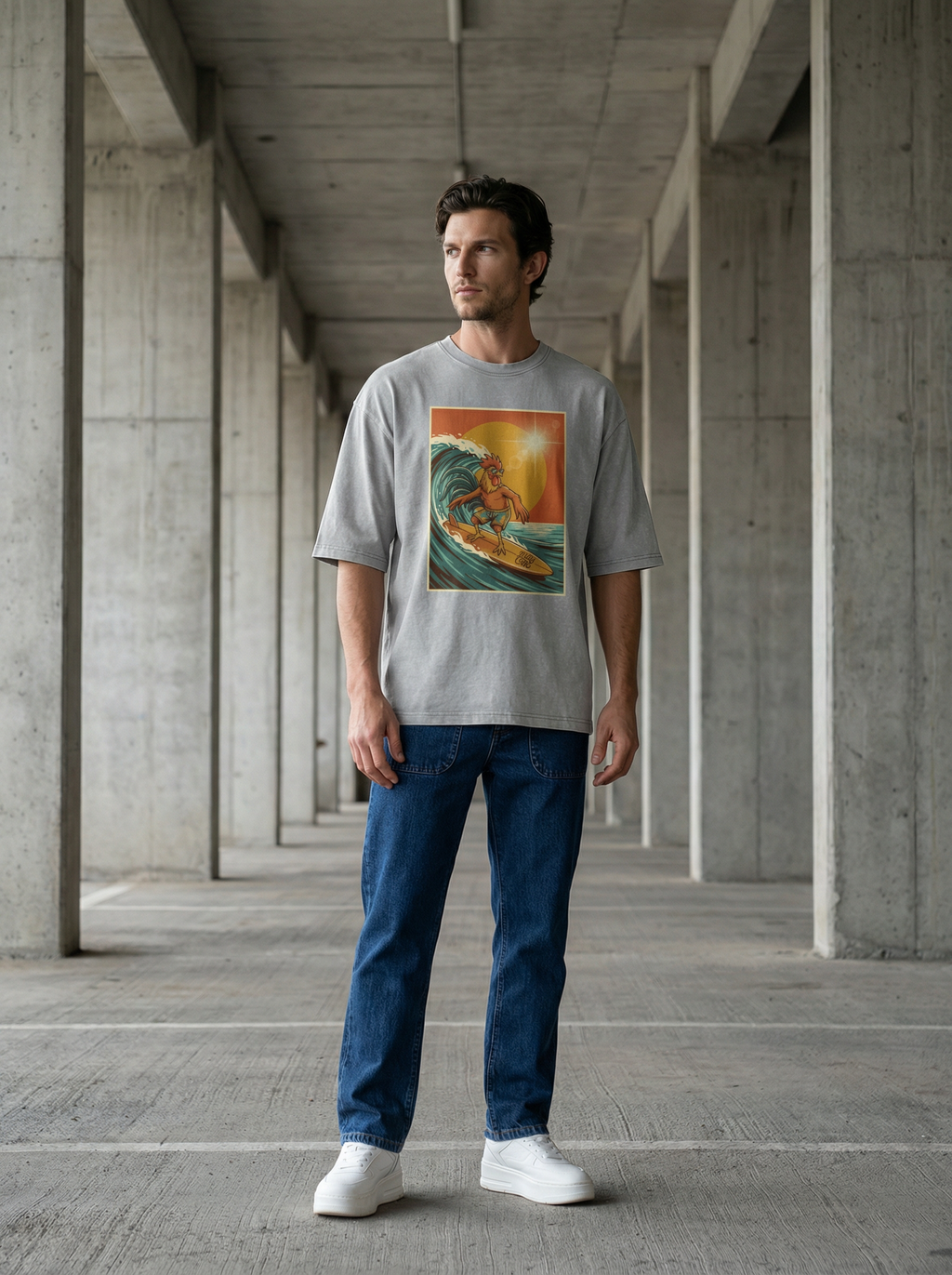 Dusty Cock, Rooster Surfer Graphic Tee – Heavyweight 100% Cotton, Vintage Wash