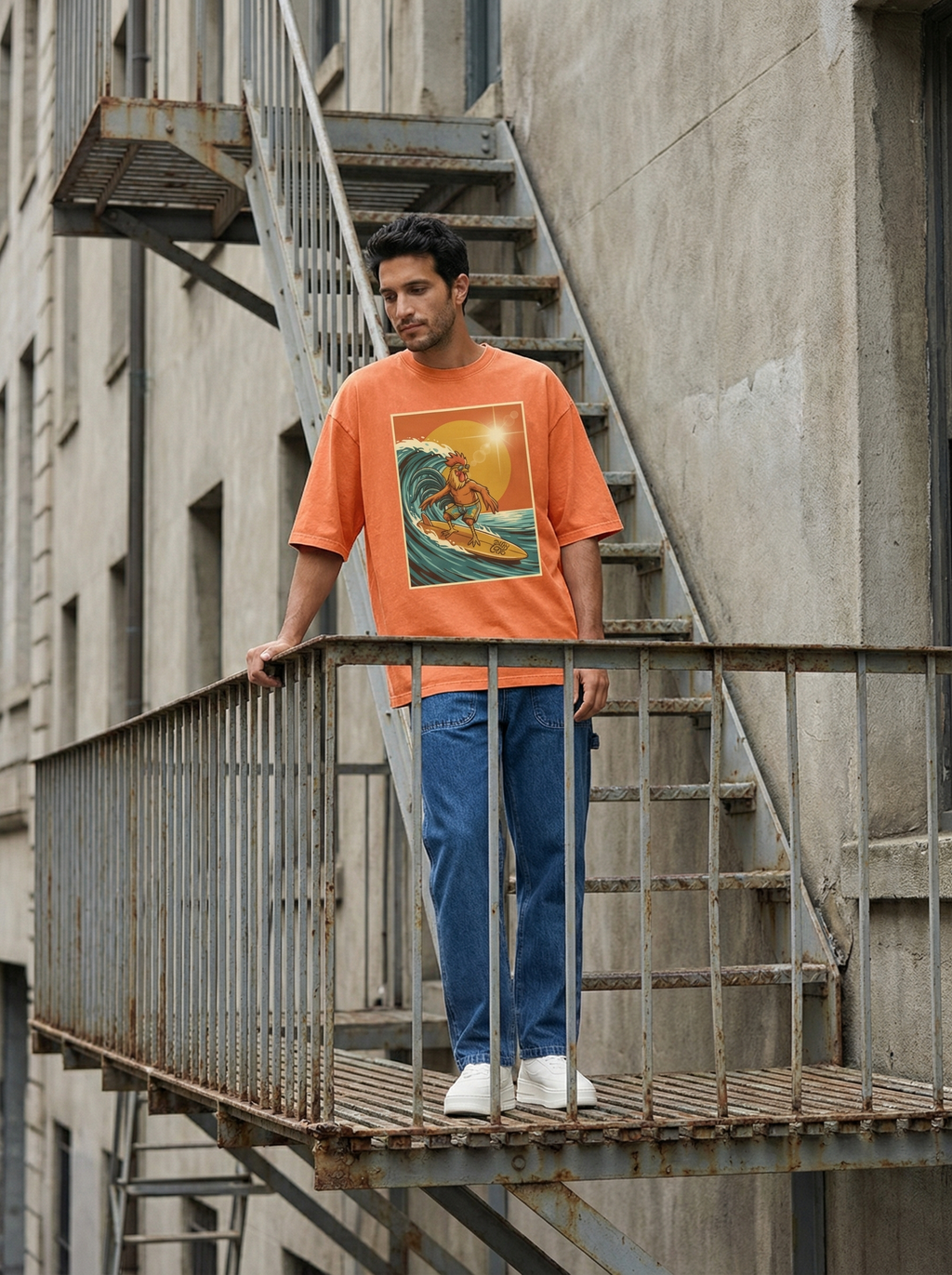 Dusty Cock, Rooster Surfer Graphic Tee – Heavyweight 100% Cotton, Vintage Wash