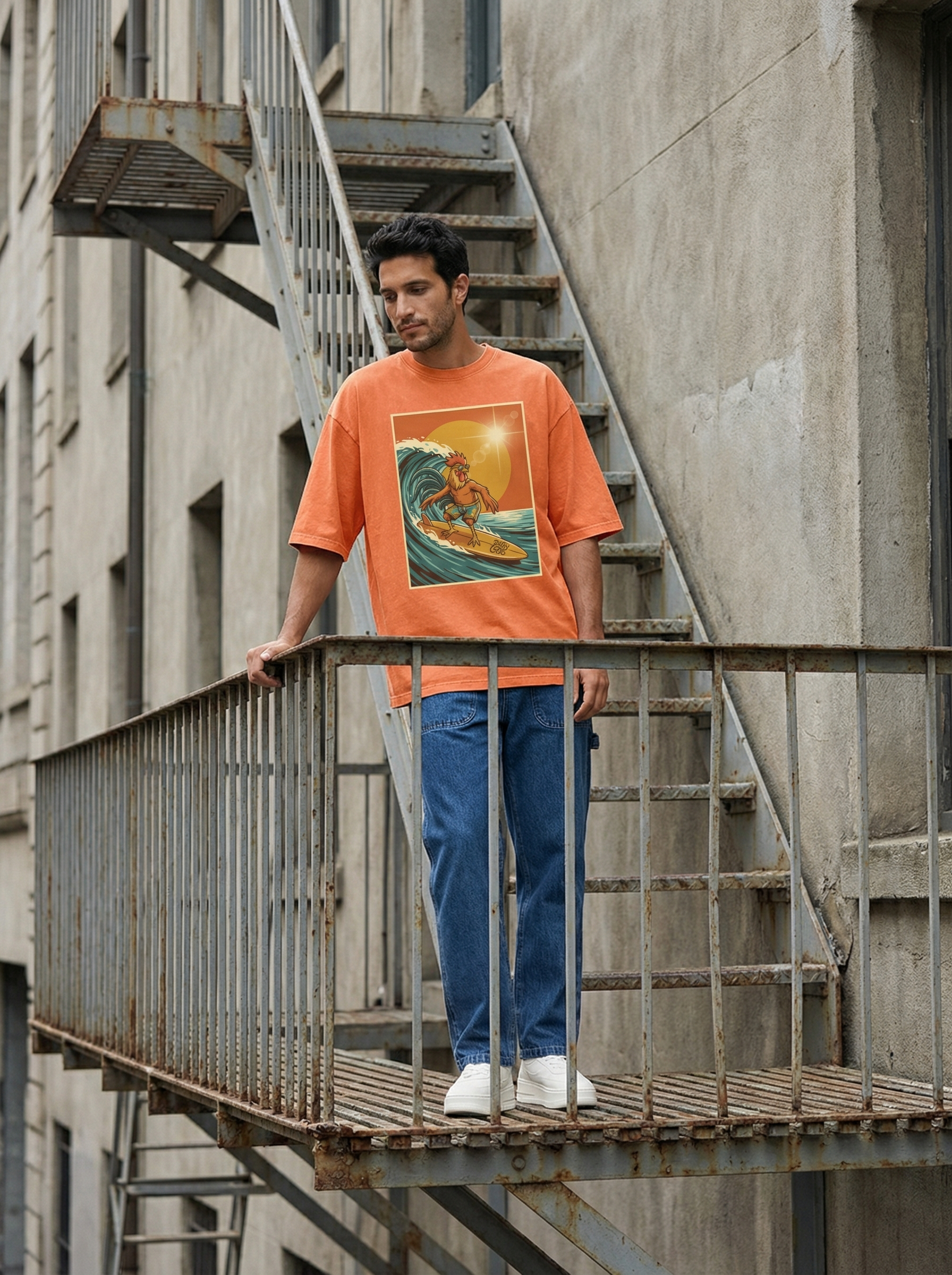 Dusty Cock, Rooster Surfer Graphic Tee – Heavyweight 100% Cotton, Vintage Wash