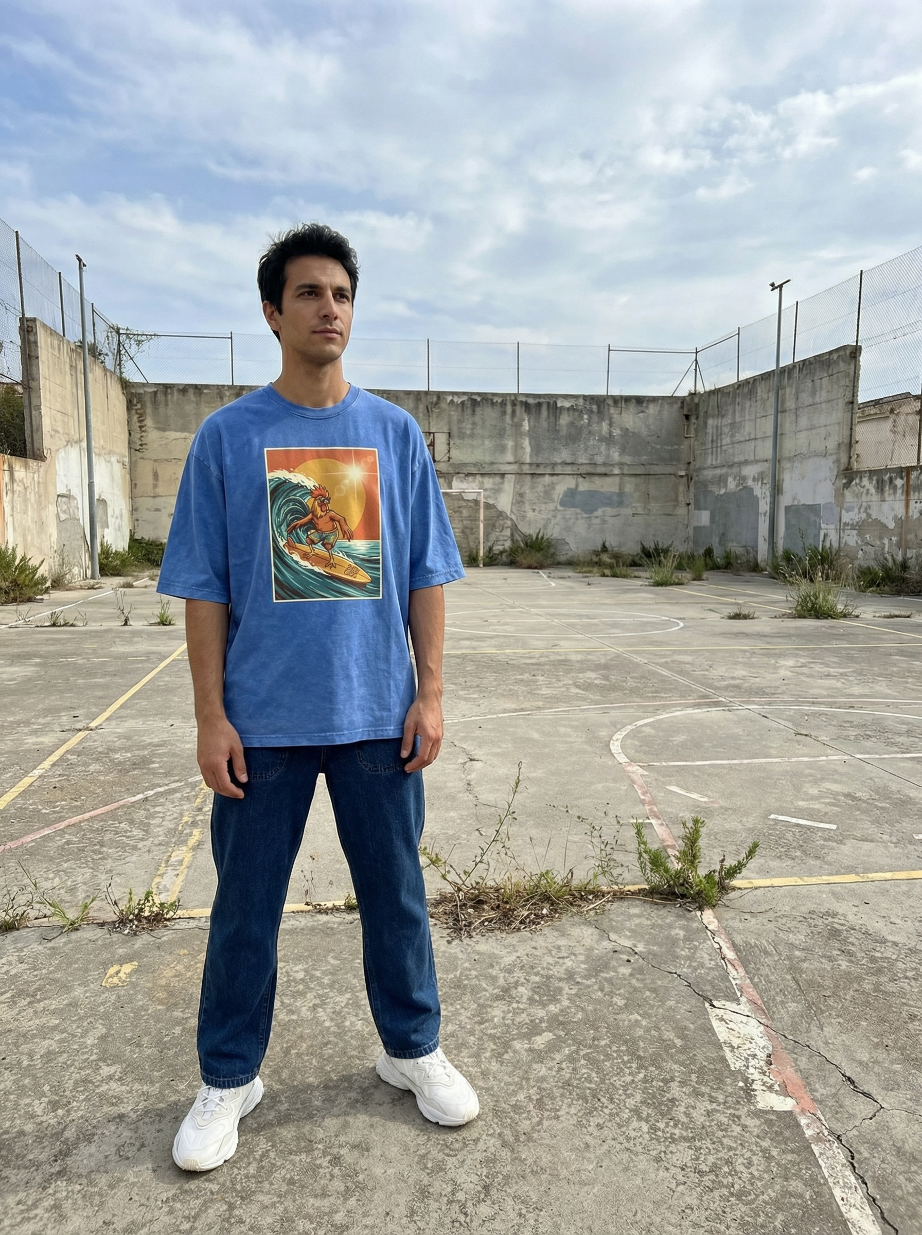 Dusty Cock, Rooster Surfer Graphic Tee – Heavyweight 100% Cotton, Vintage Wash