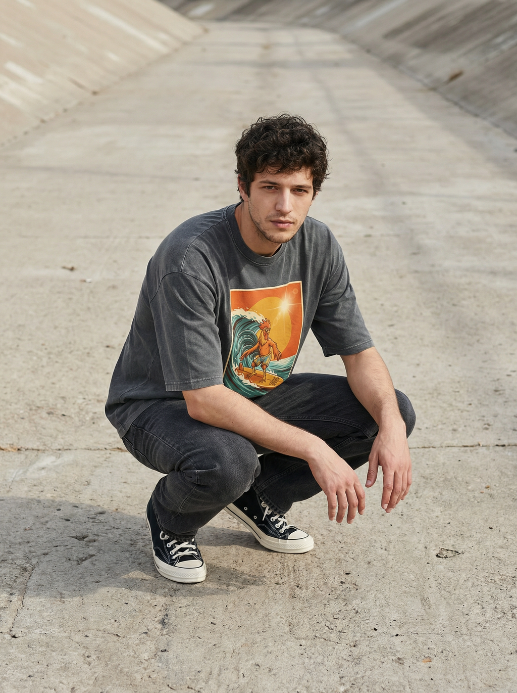 Dusty Cock, Rooster Surfer Graphic Tee – Heavyweight 100% Cotton, Vintage Wash