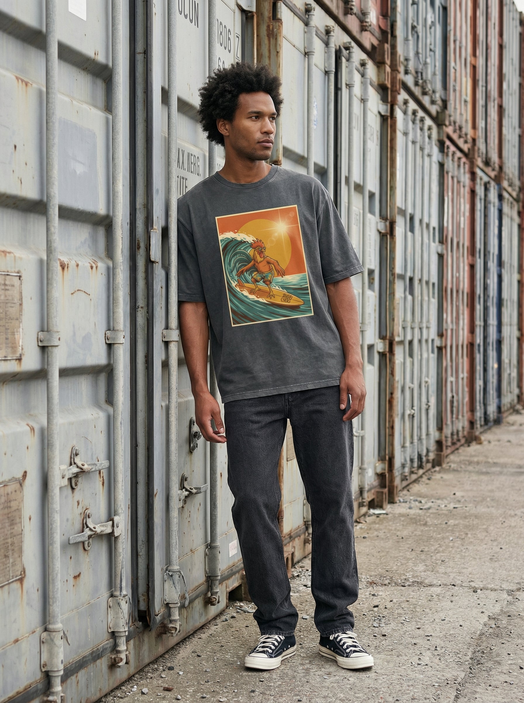 Dusty Cock, Rooster Surfer Graphic Tee – Heavyweight 100% Cotton, Vintage Wash