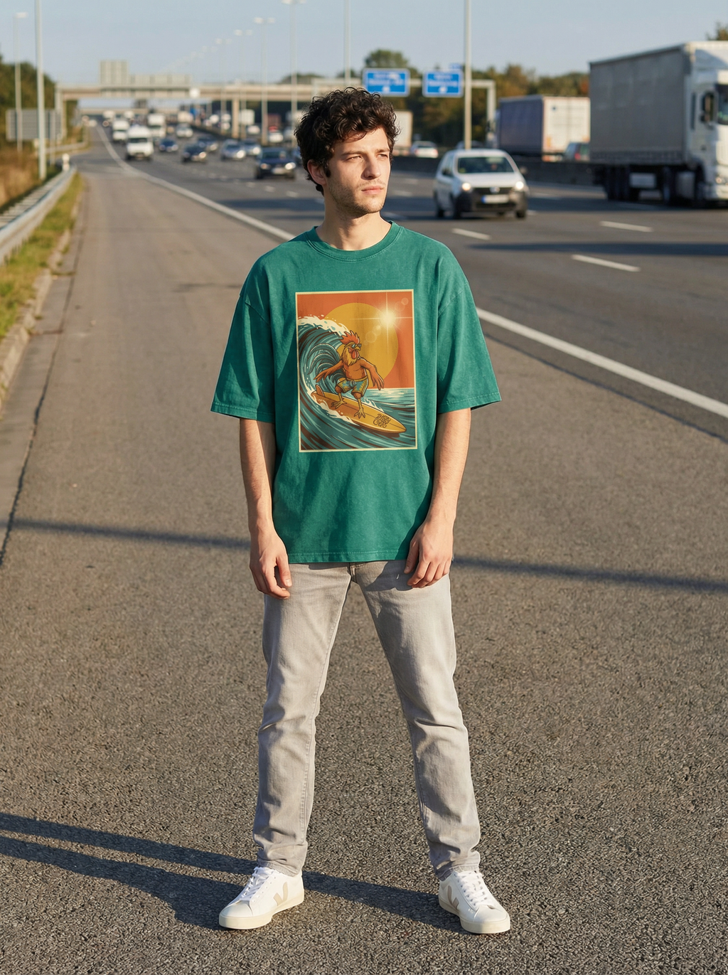 Dusty Cock, Rooster Surfer Graphic Tee – Heavyweight 100% Cotton, Vintage Wash