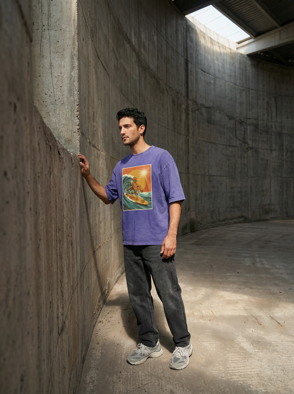 Dusty Cock, Rooster Surfer Graphic Tee – Heavyweight 100% Cotton, Vintage Wash