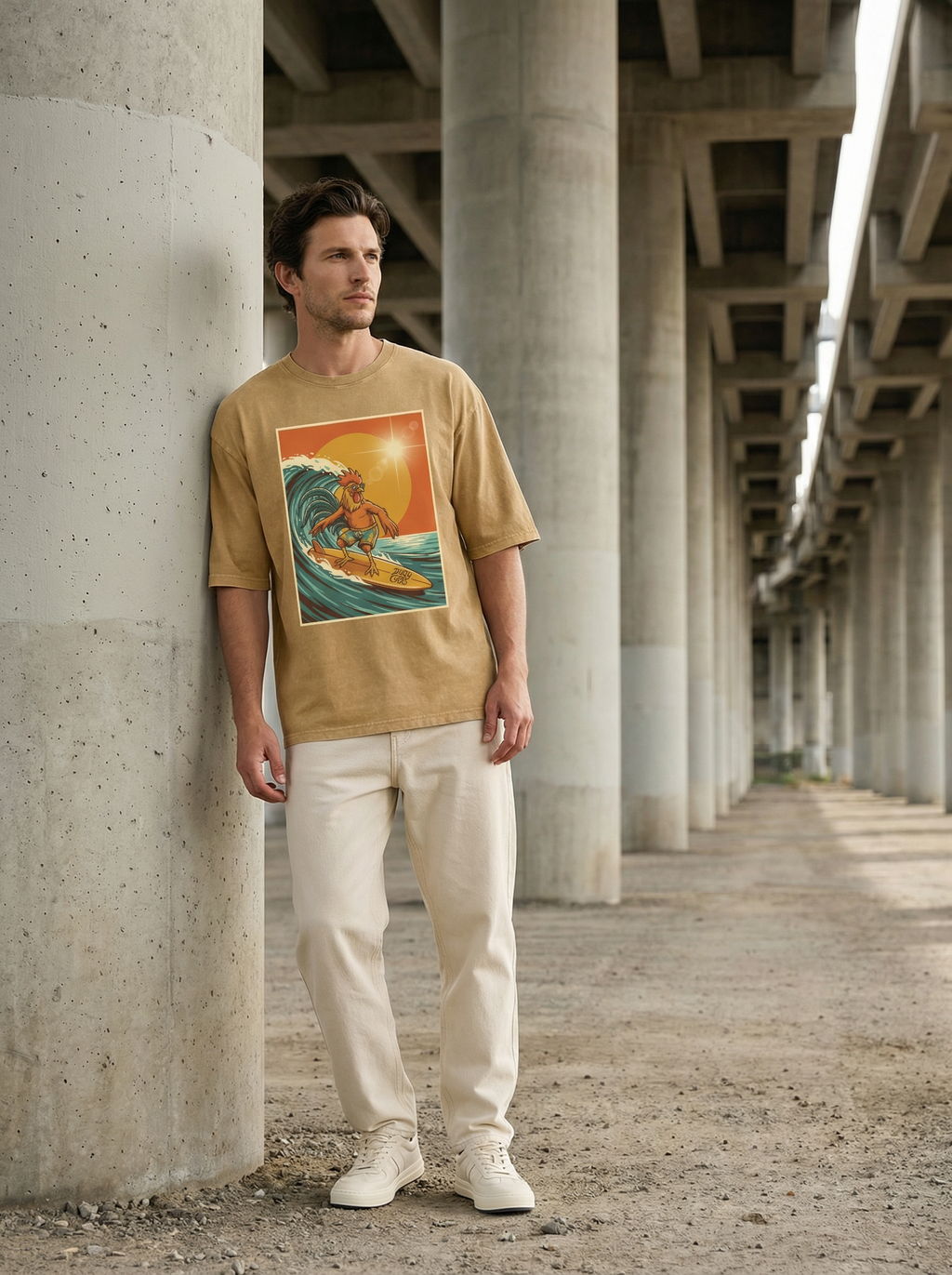 Dusty Cock, Rooster Surfer Graphic Tee – Heavyweight 100% Cotton, Vintage Wash