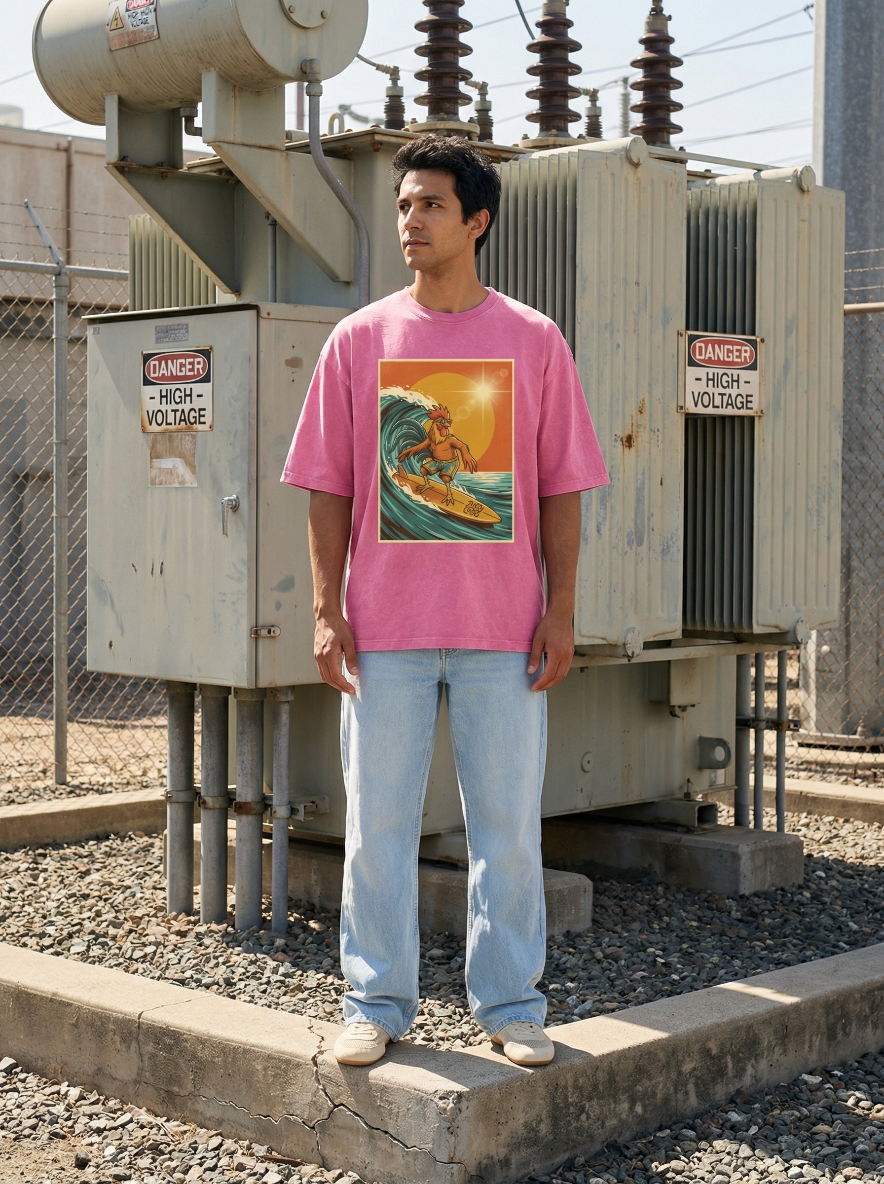 Dusty Cock, Rooster Surfer Graphic Tee – Heavyweight 100% Cotton, Vintage Wash