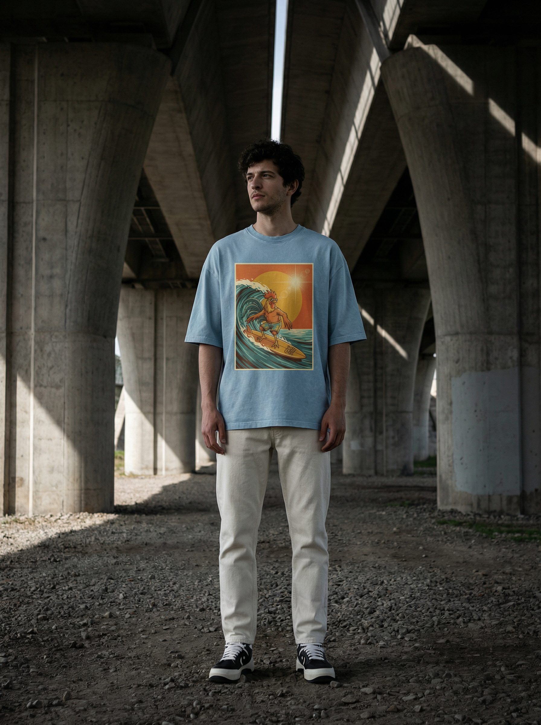 Dusty Cock, Rooster Surfer Graphic Tee – Heavyweight 100% Cotton, Vintage Wash